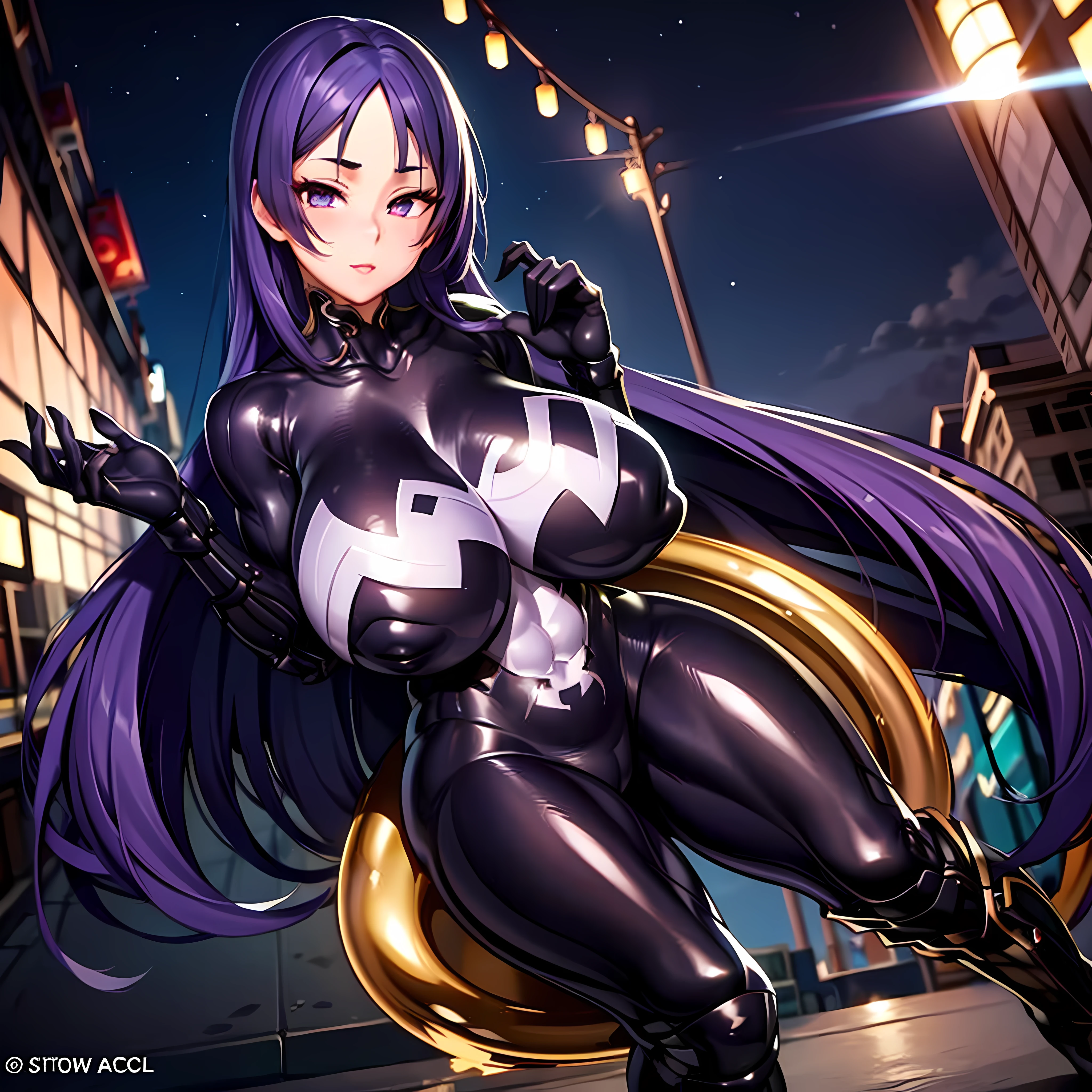 (Masterpiece)), ((Best Quality), (Ultra Detailed), ((Kawaii)), Cute, (Cute), (Very Detailed)), 4K, (8K), Best Quality, (Beautiful), (World Class Quality))), Very Detailed, High Resolution, (Detailed Shadow Beautiful Face), (Full Body), Mature Girl, Solo, (((Huge Tits))), (Sagging Tits))), (Bodysuit:1.2),,, Symbiote, Rich Action, City, Night view, glowing eyes, rich hair color, minamoto no raikou (fate)