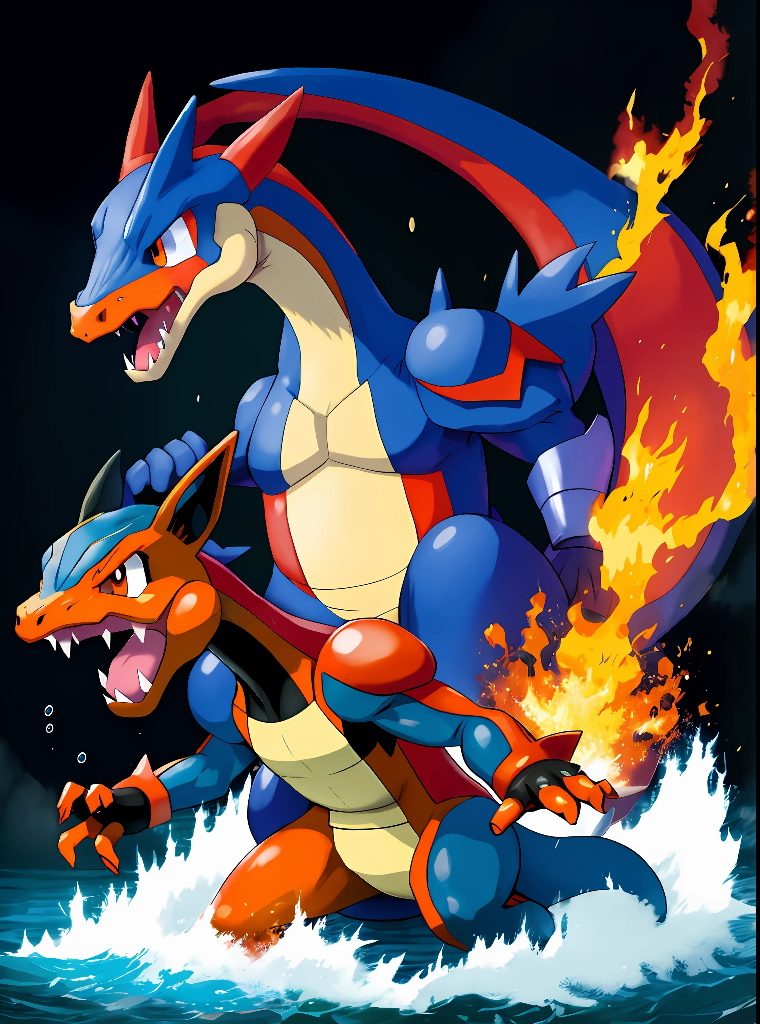 Charizard (Pokémon), Greninja (Pokémon), battle, anime, manga, 8K, fire, water, fighting, action, movement, arena