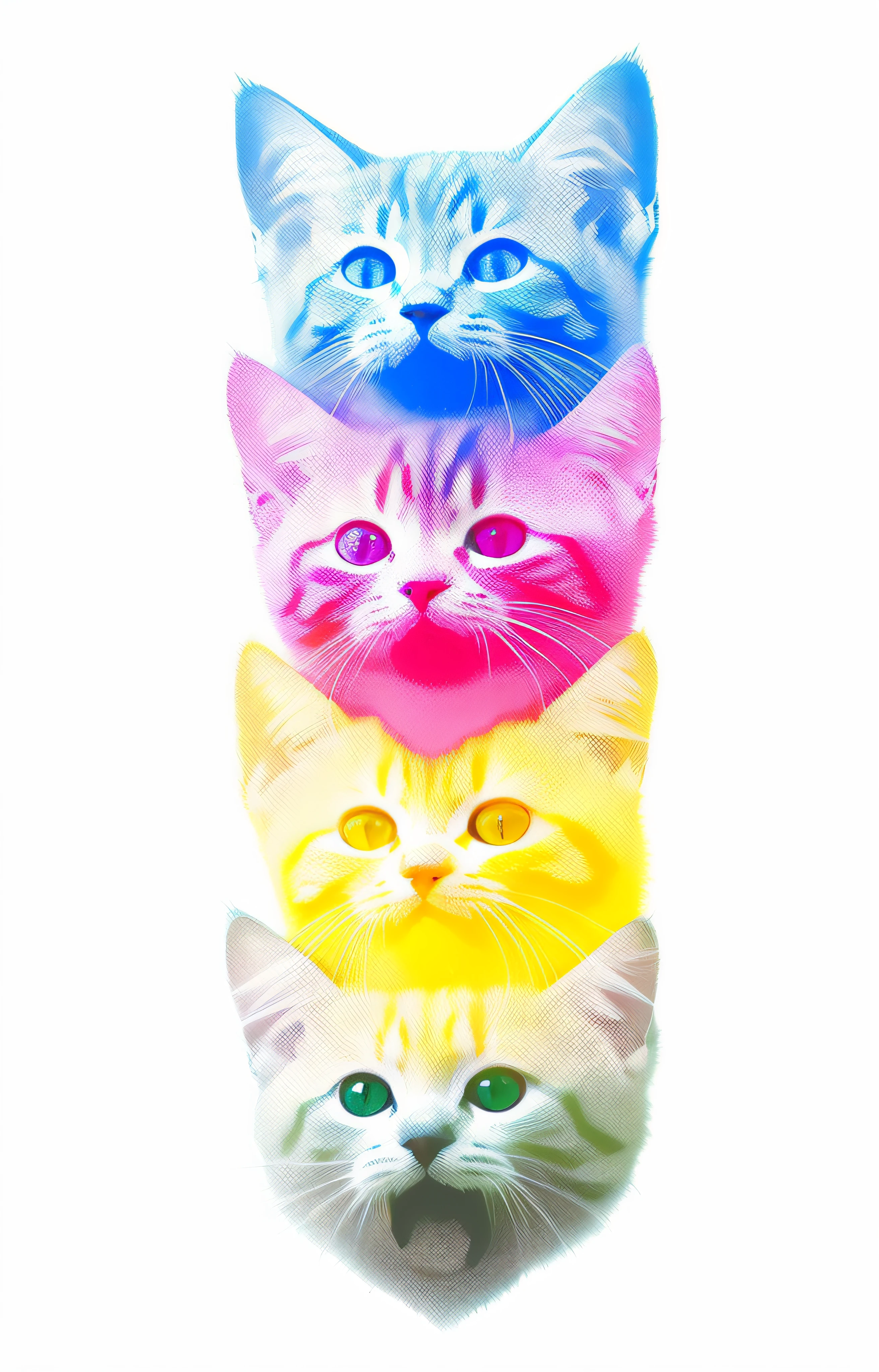 there are four cats that are all different colors together, !!! cat!!!, happy cat, !!!! cat!!!!, smileeeeeee, beautiful neon cats, cute colorful adorable, cmyk, cmyk portrait, catss, high resolution print :1 cmyk :1, cat. digital painting, cute cat photo, 4 colors!!!, the cat is smiling