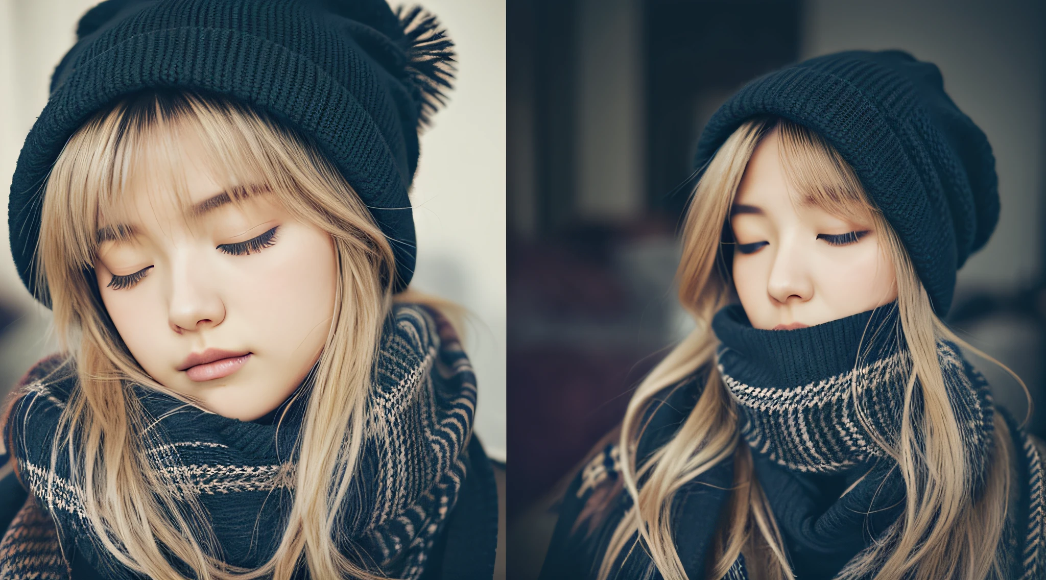 GIRL BLONDE  with long hair wearing a scarf and a hat, sleepy fashion model face, sleepy, sleepy expression, Marisa Kirisame, wearing cute black scarf, prettier, sleeping, sick with a cold, Lalisa Manobal, Misa Amane, very tired woman, sleeping, Takeyuki Kanda, Lalisa Manoban of blackpink