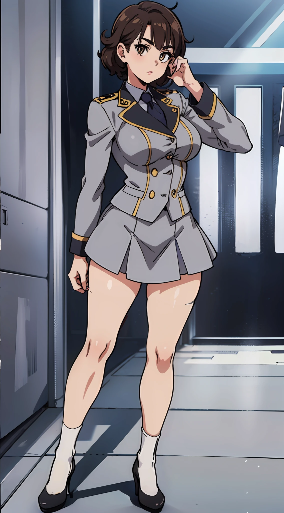 an anime style picture of the girl in the short skirt and white thigh high socks and high heels, 1girl, hazel eyes, brown curly hair, solo, gray blazer, gray skirt, white thigh high socks, black high heels, uniform, highly detailed face, perfect feet, portrait, full body