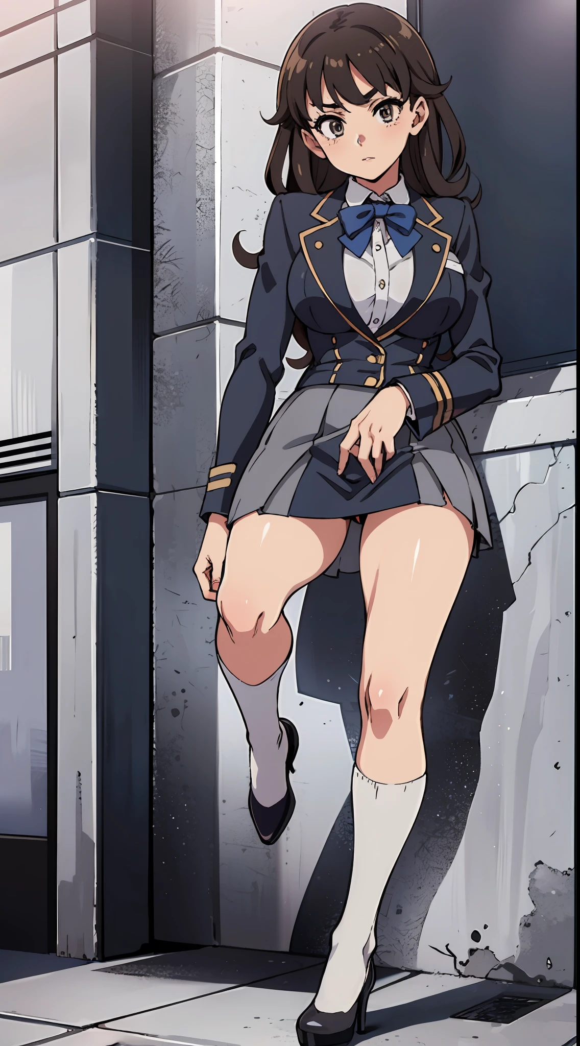 an anime style picture of the girl in the short skirt and white thigh high socks and high heels, 1girl, hazel eyes, brown curly hair, solo, gray blazer, gray skirt, white thigh high socks, black high heels, uniform, highly detailed face, perfect feet, portrait, full body