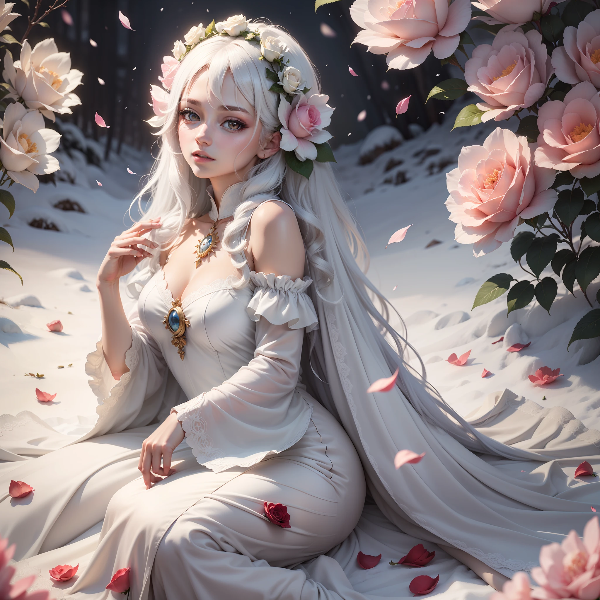 A Divinity, The purest form of Beauty, A Holiness. A gentle Goddess, White Eyes, long snow-white hair, soft lips, white dress with rose petals, 1girl