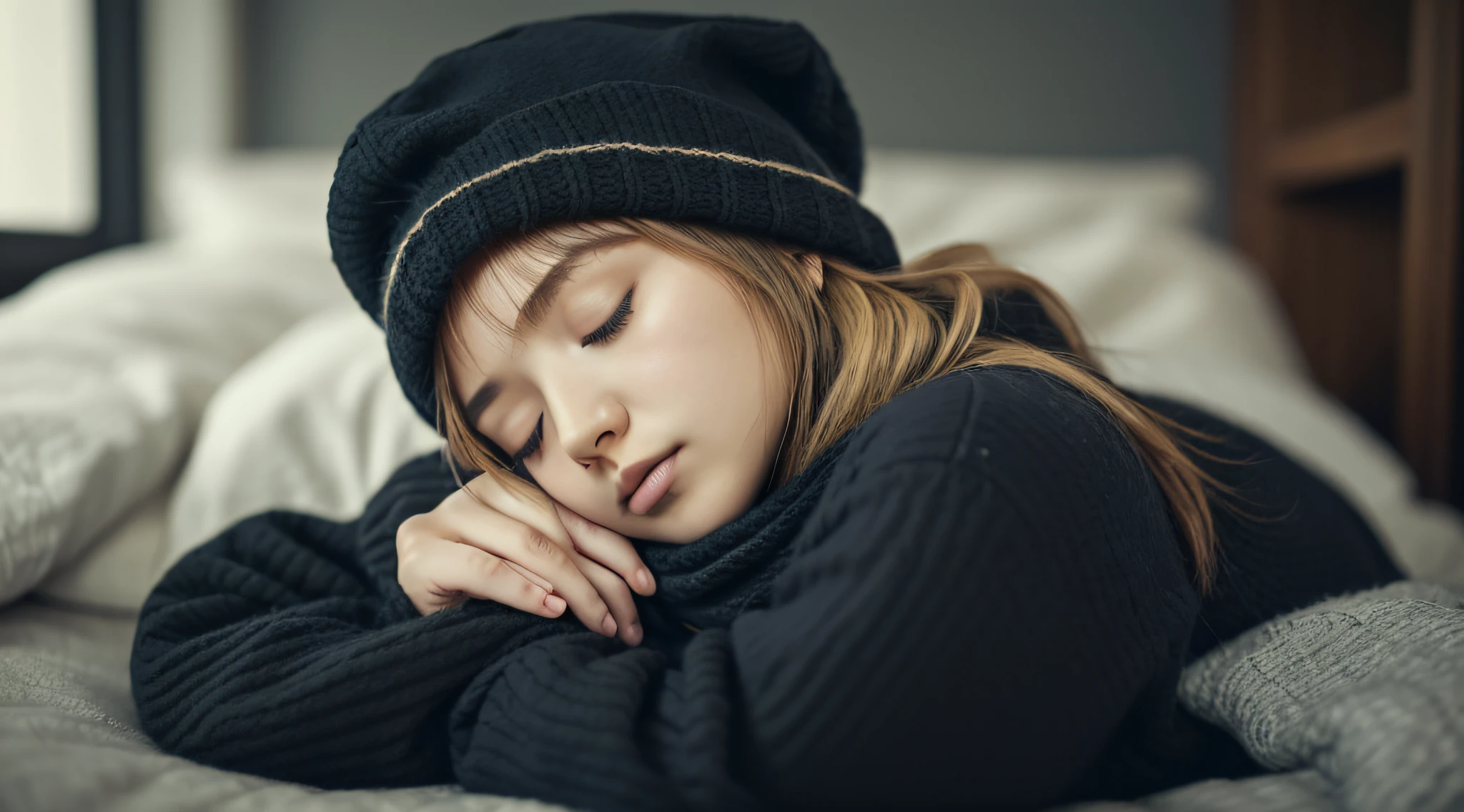 GIRL BLONDE CHILD with long hair wearing a scarf and a hat, sleepy fashion model face, sleepy, sleepy expression, Marisa Kirisame, wearing cute black scarf, prettier, sleeping, sick with a cold, Lalisa Manobal, Misa Amane*, very tired woman, sleeping, Takeyuki Kanda, Lalisa Manoban of blackpink