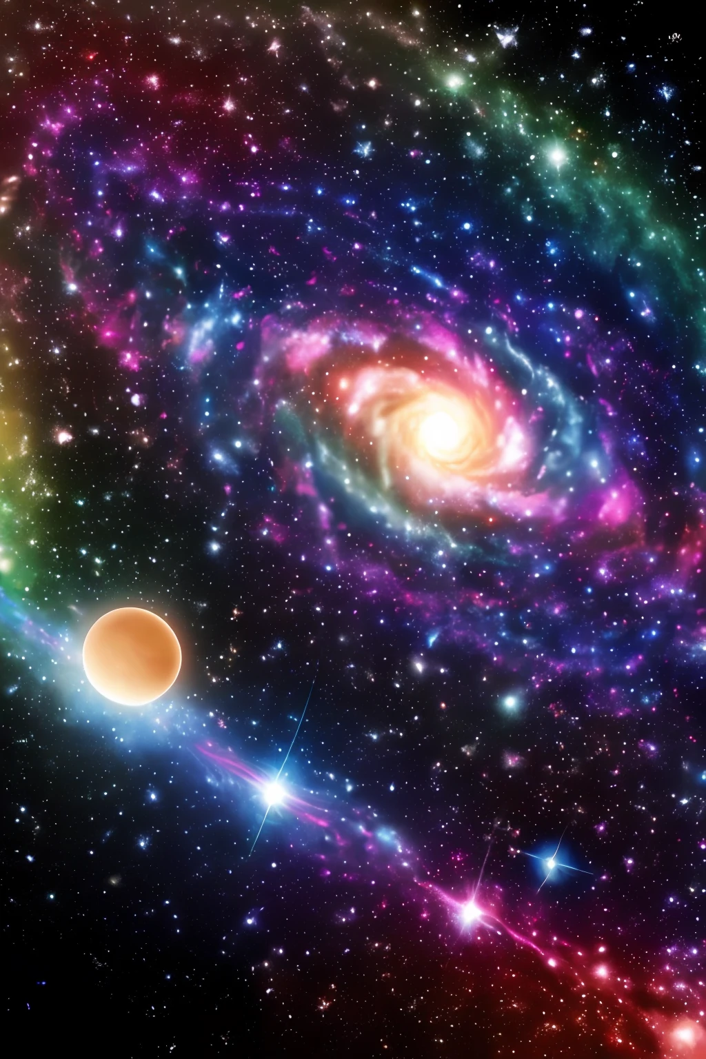 Imagine a body made up of a multitude of bright stars and moving galaxies. The stars vary in size, color and brightness, creating a mesmerizing spectacle of lights and colors. Galaxies are majestic spirals, with undulating arms filled with young and old stars.
Your body is fluid and ethereal, without a definite form. Sometimes you extend like a beam of energy, while at other times, it takes the form of a cosmic sphere, radiating energy in all directions.
The eyes are points of intense light, sparkling with the energy of the universe. They can change color, ranging from shades of blue, red, green, and all the other colors of the cosmic spectrum