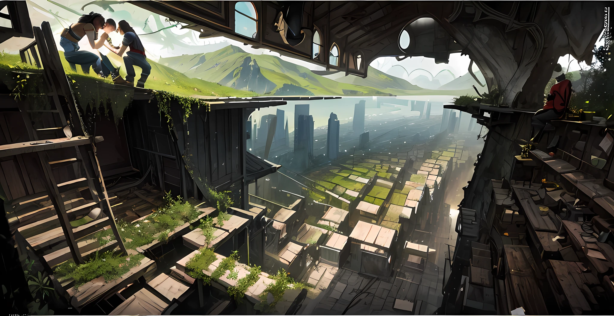 There is a scene painting with mountains in the distance, and a vast plain in the middle There are dilapidated buildings on the plain, and the buildings are overgrown with weeds and vines, Krentz Kusart and Artem Demula, Ross Tran. Landscape background, Krenz Kusart and Lin Wenjun, Krenz Kusart and Arthur Duran, Greg Rutkowski and Krenz Kusaud, Sylvain Saller, Zou Zhe