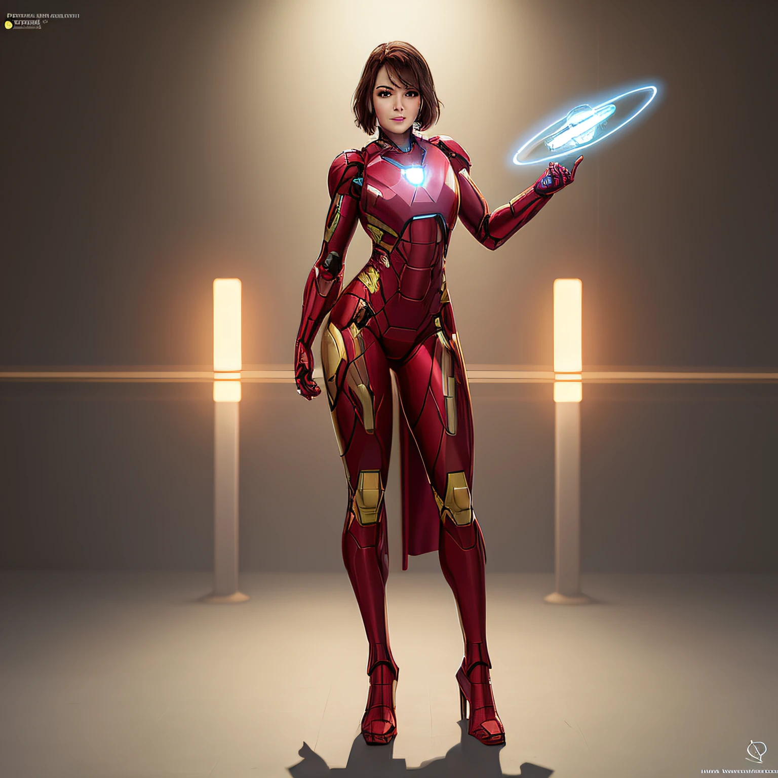 girl dressed as Iron Man from Marvel, big breasts, frontal, full-length, looking at the camera, facing the audience, standing pose, simple background, three-dimensional light, detailed full-body concept, sleek digital concept art, beautiful full-body concept art, art trend, full-length CGsociety, --auto