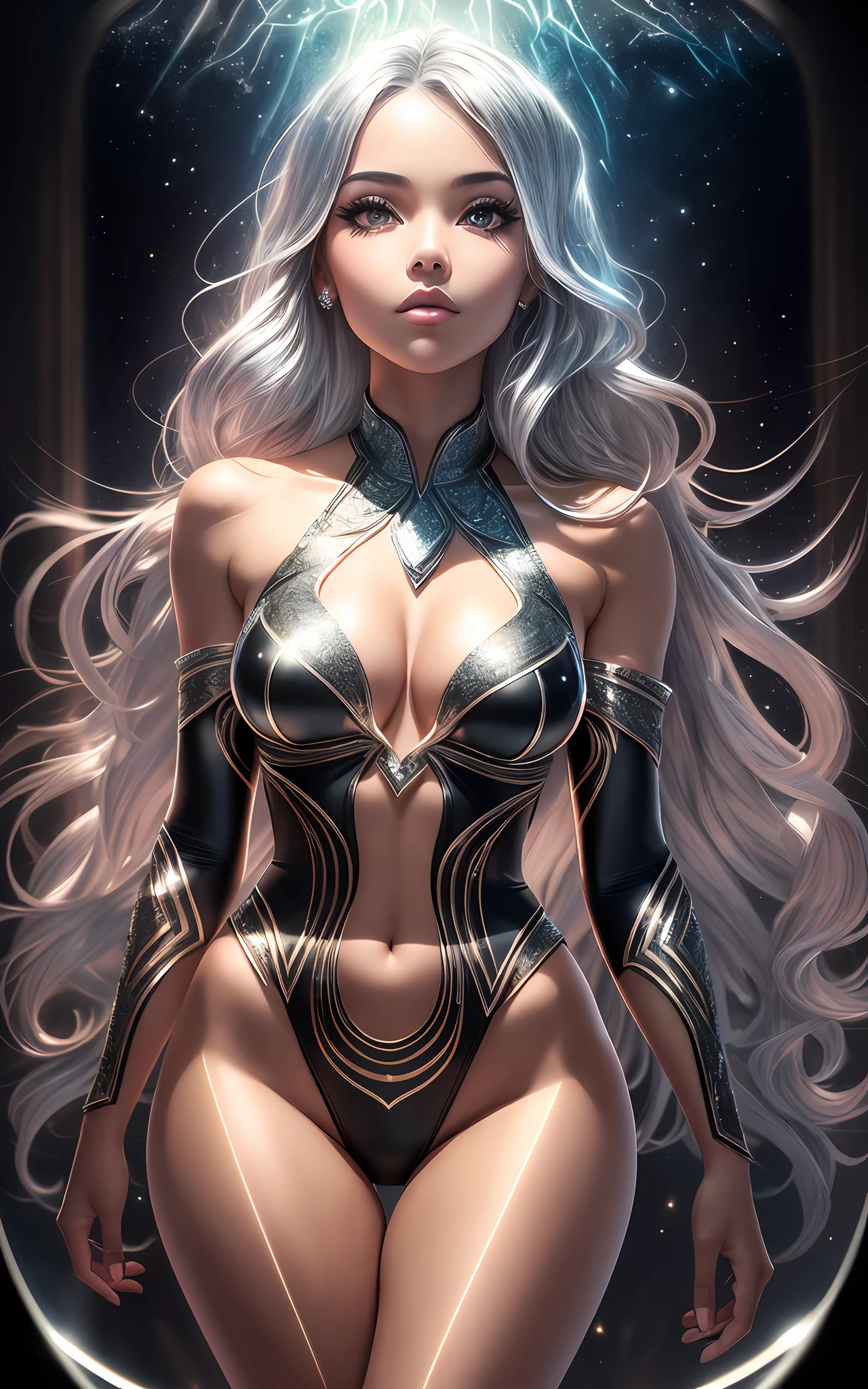 award winning 64k concept art of (black 1girl:1.3) in majestic open dress bravely, posing, epic, god rays, centered, upper body, (masterpiece:1.2), (best quality:1.3), Amazing, highly detailed, beautiful, finely detailed, warm soft color grading, Depth of field, extremely detailed 64k, fine art, stunning, iridescent, (shiny:1.2), (light reflections:1.3), (crisp:1.6), silver curls, storm, vibrant, sunlit, (edge detection:1.4), absurdres, impressive, 120mm, outlining, wide thighs, luminous, glittering, lights