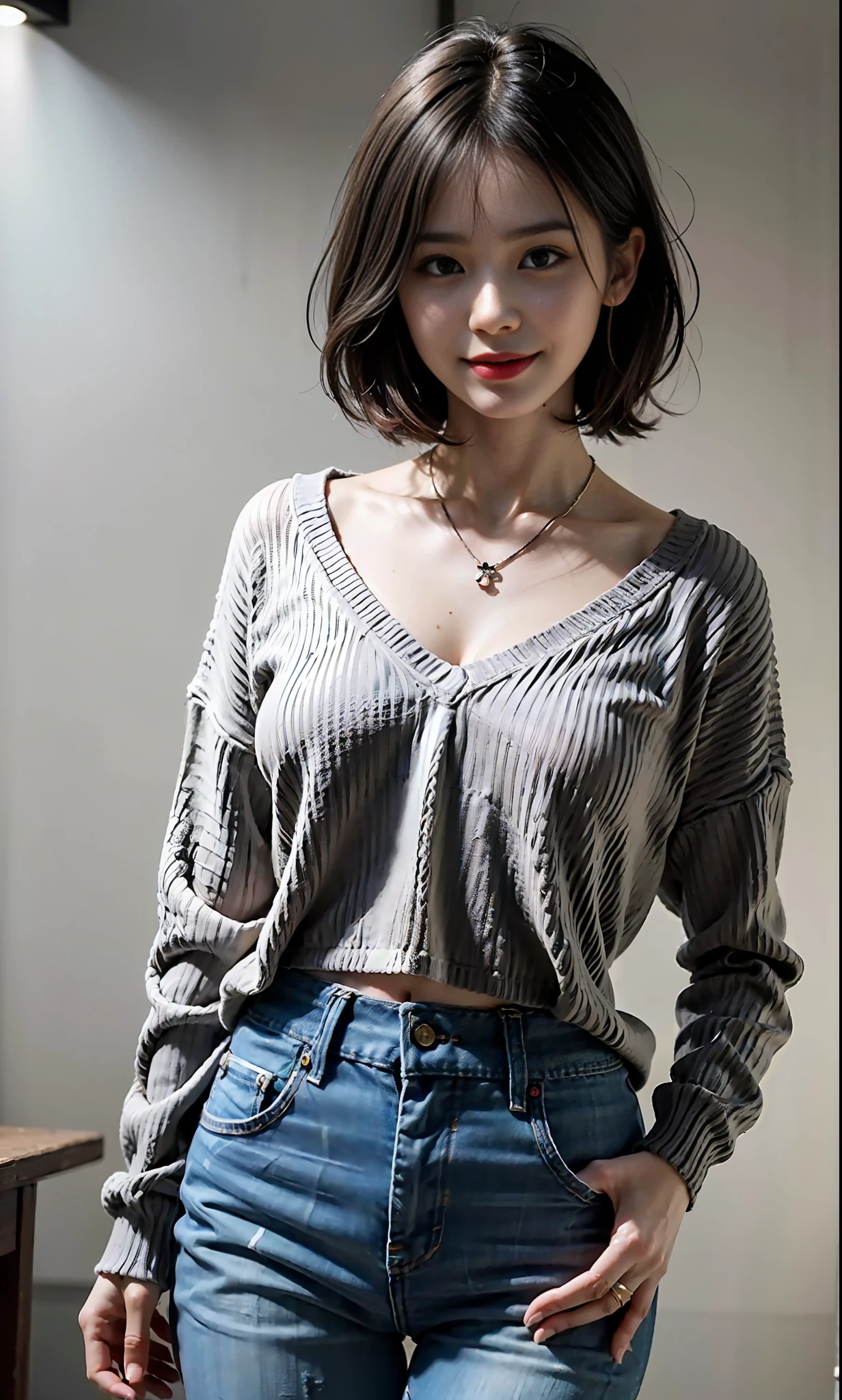 (Best Quality, 8k, 32k, Masterpiece, UHD: 1.2), Beautiful Korean Woman Photo, Very Short Hair, Upper Body, (oversized_sweater,:1.1) Necklace, Simple Background, Tour, Smile, Jeans, Hips, Tall