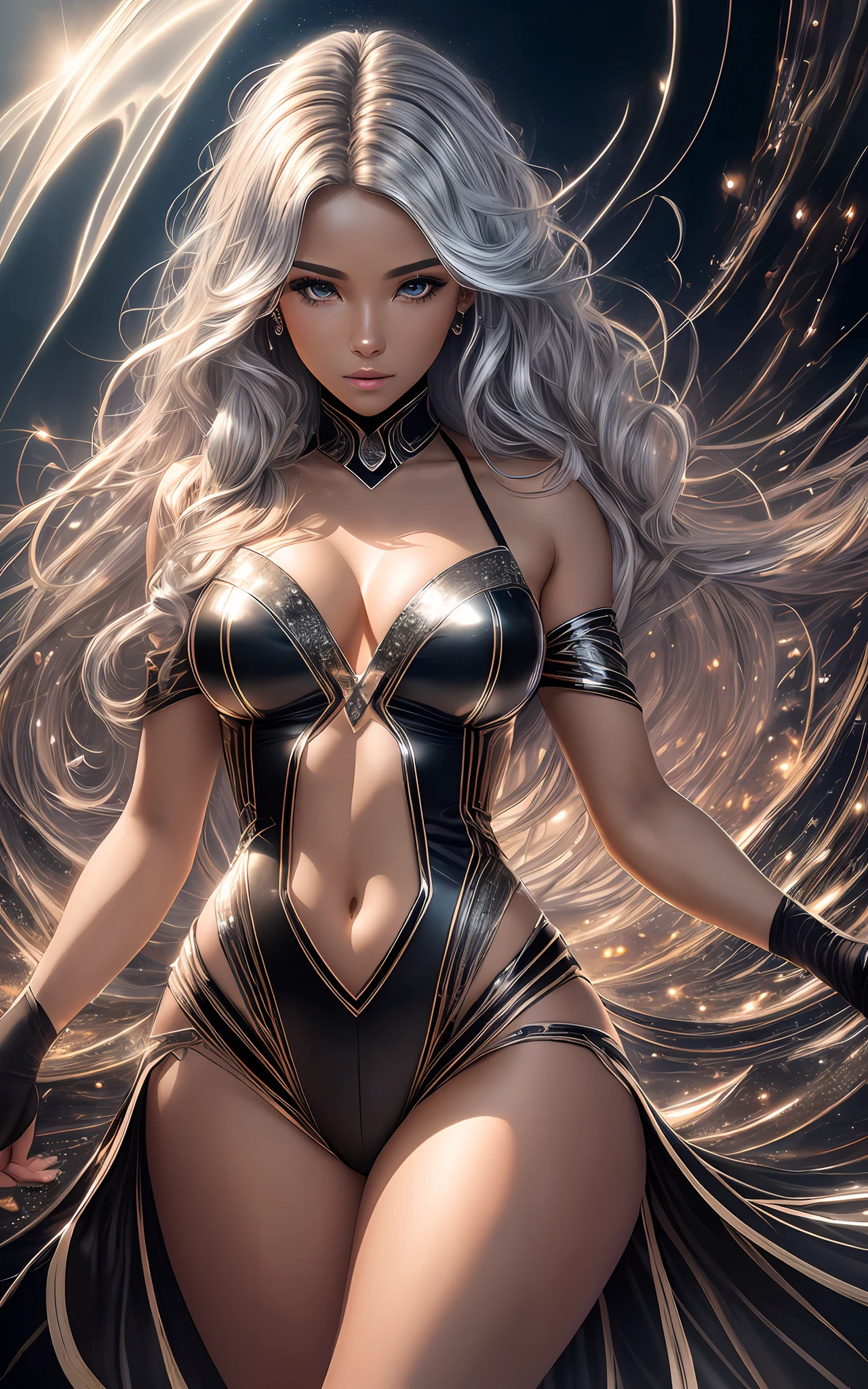 award winning 64k concept art of (black 1girl:1.3) in majestic open dress bravely, posing, epic, god rays, centered, upper body, (masterpiece:1.2), (best quality:1.3), Amazing, highly detailed, beautiful, finely detailed, warm soft color grading, Depth of field, extremely detailed 64k, fine art, stunning, iridescent, (shiny:1.2), (light reflections:1.3), (crisp:1.6), silver curls, storm, vibrant, sunlit, (edge detection:1.4), absurdres, impressive, 120mm, outlining, wide thighs, luminous, glittering, lights