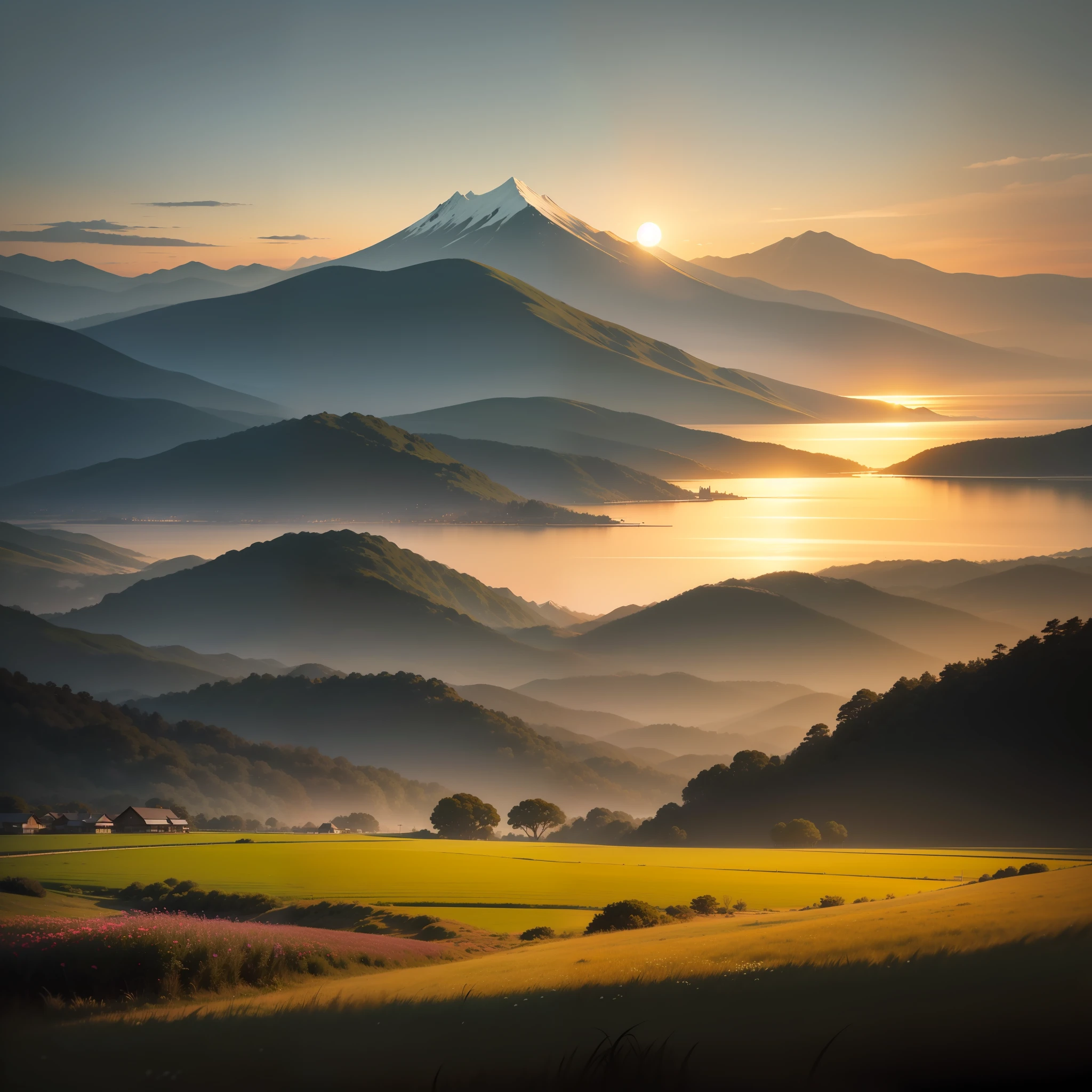dawn sky, faint crescent moon, mountains from far away, fields of grass with little flowers, ocean, realistic. by Makoto Shinka