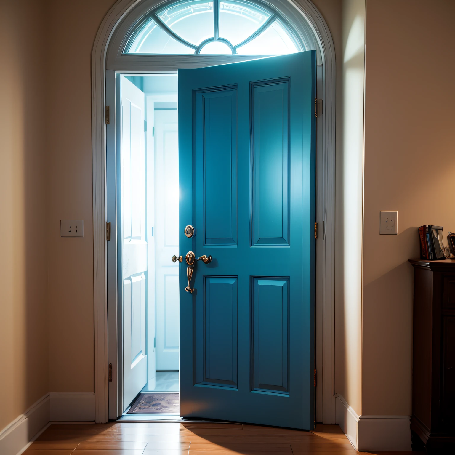 Door illuminated with bright blue light, focus on the door --auto