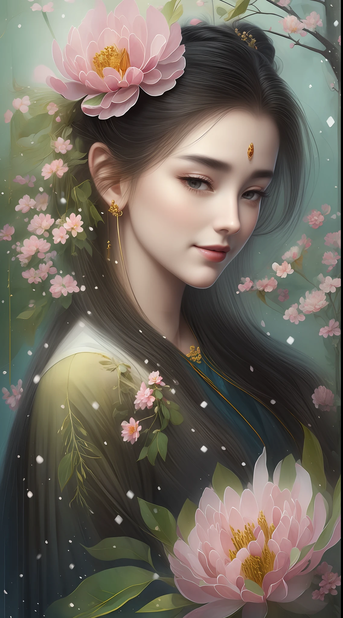 Watercolor, watercolor style, ink, legend, red, crimson, peony flower, foreground, peony flower middle view, peony flower vista, (snow scene), ancient Chinese Hanfu beauty standing in the sea of flowers smiling, melon seed face, willow leaf eyebrows, cherry small mouth, (black eyes), gentle atmosphere, close-up, perfect facial features, (hair delicately depicted), (delicate facial depiction), master works, (meticulous depiction of flowers), ultra-fine, high quality, high resolution, perfect composition,