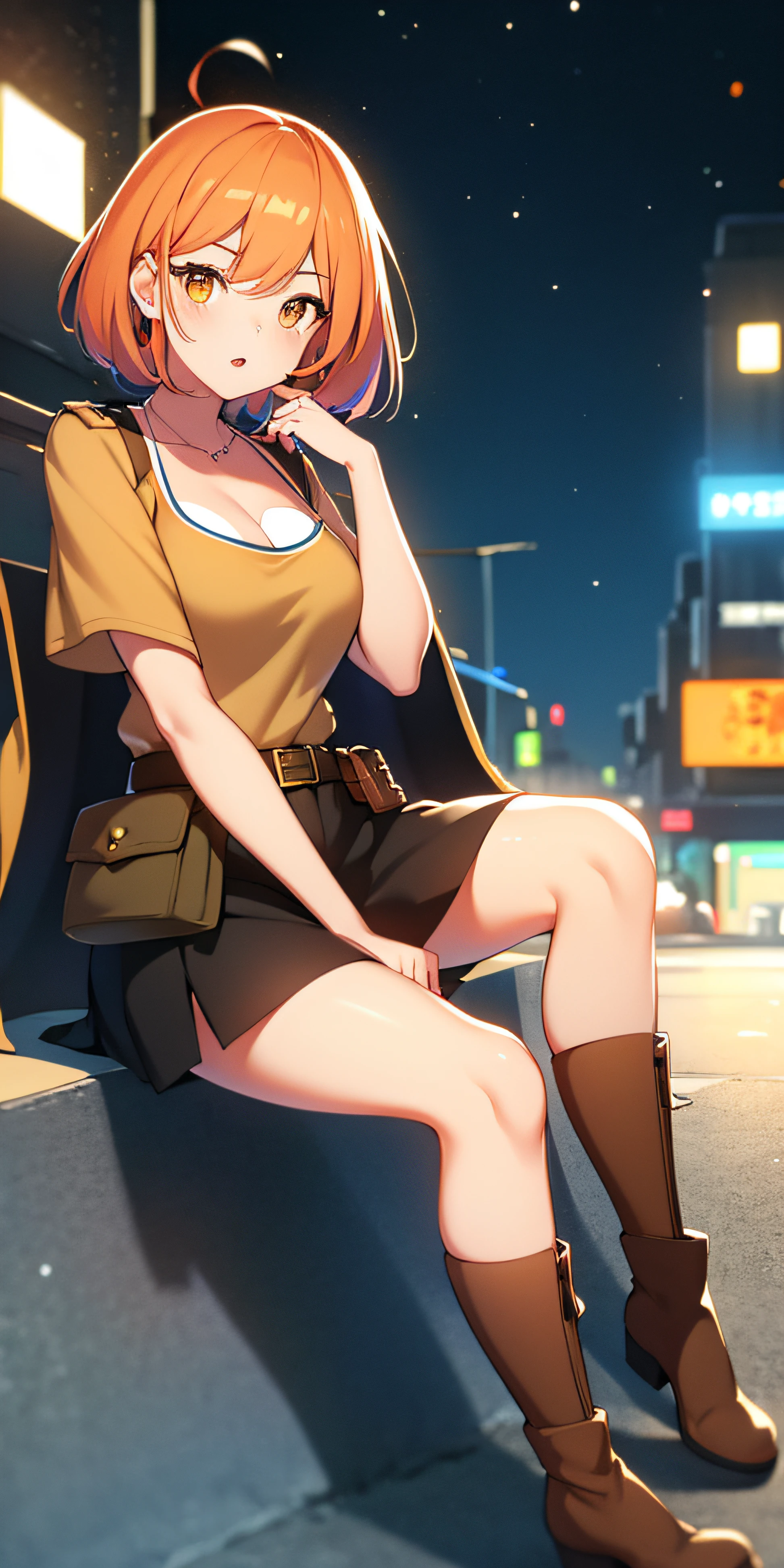 orange eyes light,richly faded light orange hair, anime 1girl, no skirt, brown military boots, pouch on the waist belt, khaki bikini, "black tights", "dark_orange knee pad on right leg",( night city:1.4), black long cloak, (good hand:1.5 ) good legs, (Good face: 1.5), 1girl, best hand, no worst hand. without clothes, in big city, khaki t-shirt, best face, very good face, hyper detail, colorful