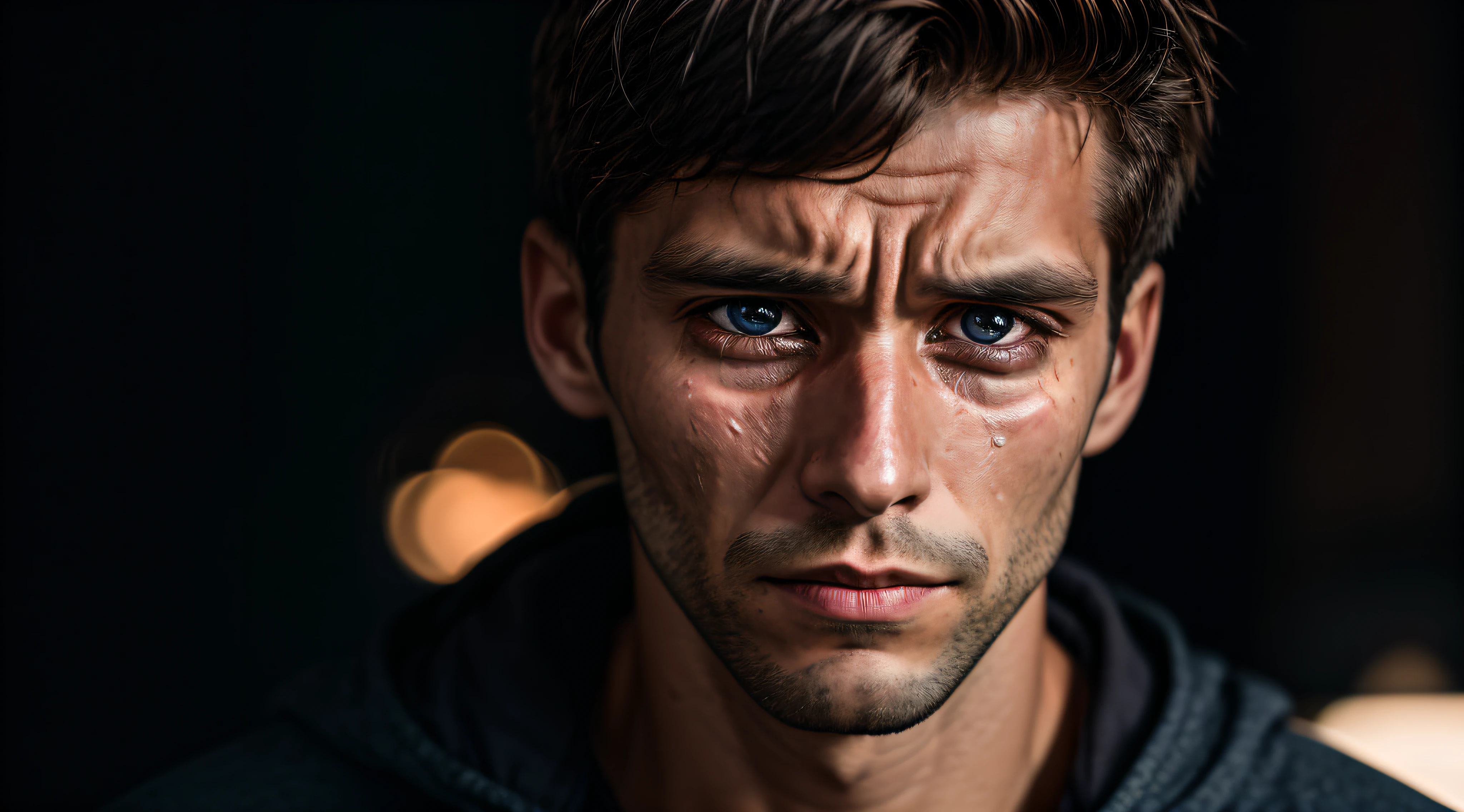 A portrait of a man, young, 30 years old, crying, with piercing eyes, detailed face, high details, photography, dark studio, rim light, Nikon D850, 50mm, f/1.4