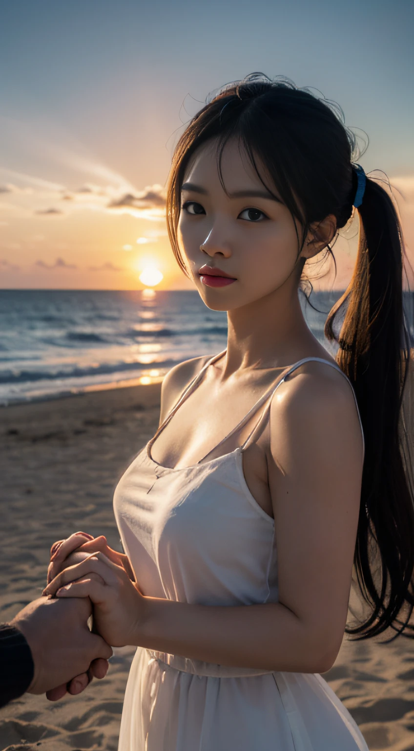 ((Realistic lighting, Best Quality, 8k, Masterpiece: 1.3)), Clear Sky, Beach, Sunset, (HDR:1.5), Chinese couple holding hands, (Focus 1.2)