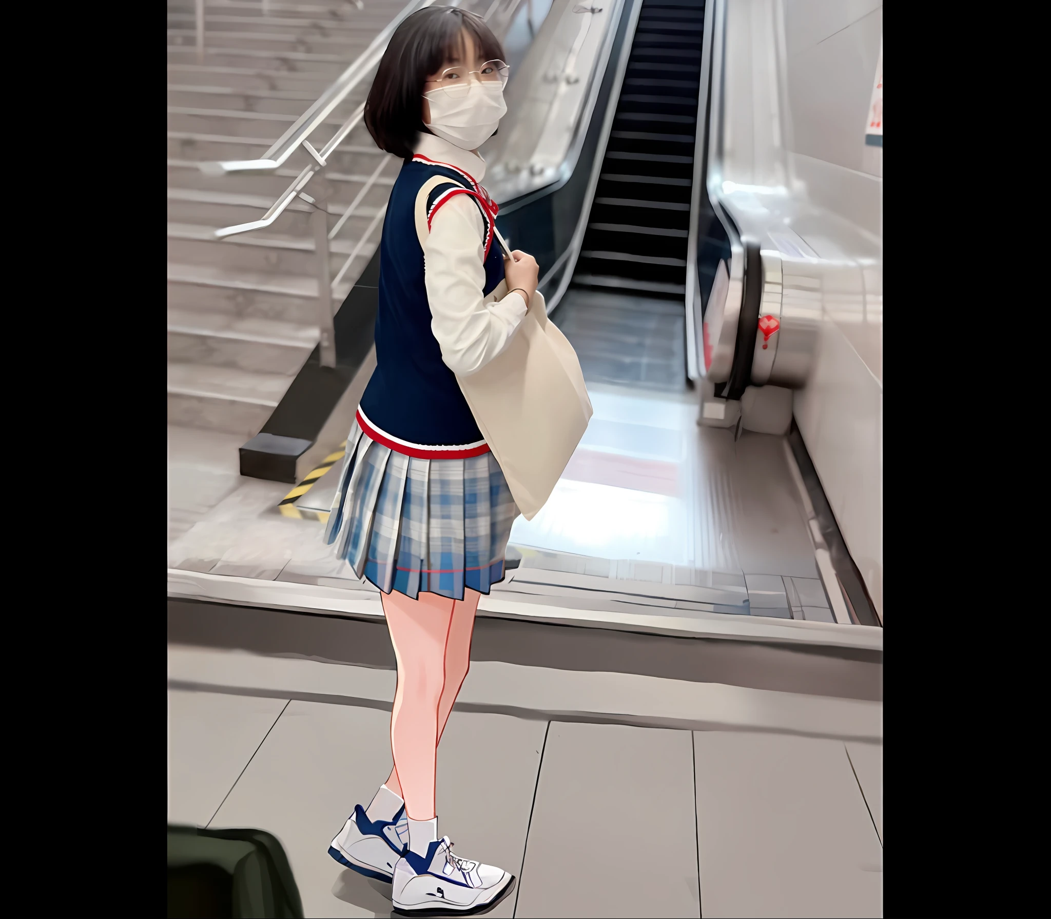 There is a woman in a mask and dress standing in front of the escalator, Chengfu, Japanese girls' school uniform, Japanese school uniform, wearing Japanese school uniform, anime girl cosplay, magic school uniform, anime girl in real life, cute schoolgirl, Chiho, dressed as a schoolgirl, Sakimichan, wearing long fluent clothes, white silk, white sneakers