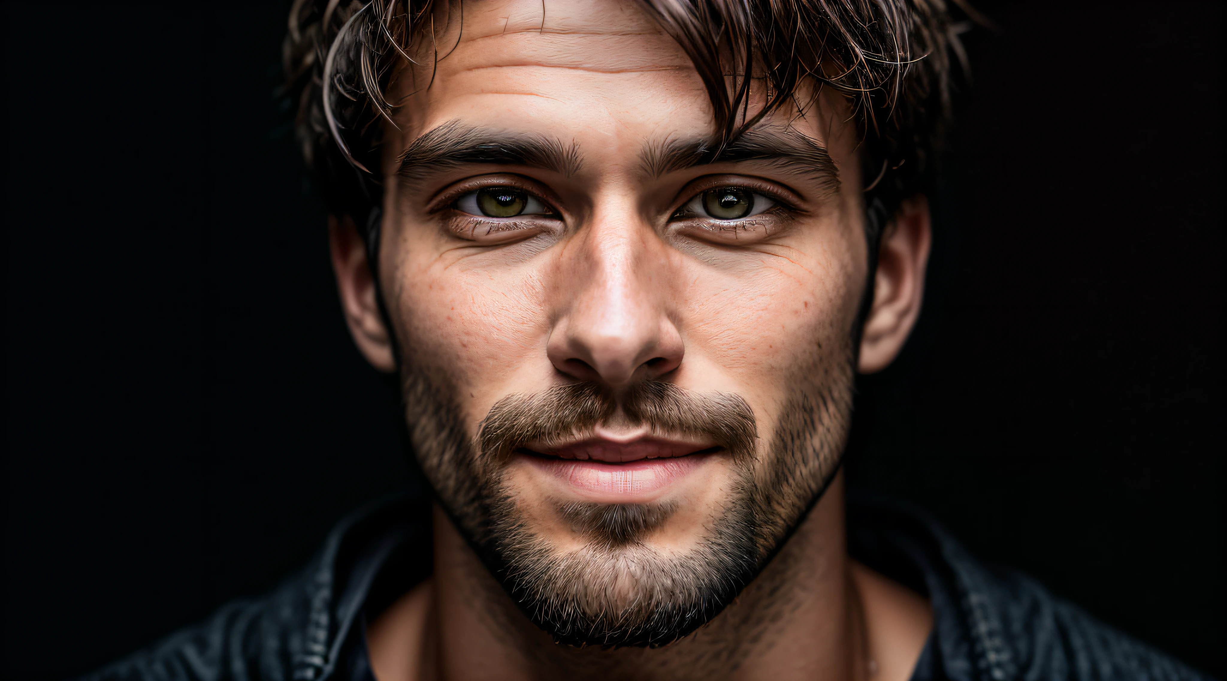 A portrait of a man, young, 30 years old, happy, with piercing eyes, detailed face, high details, photography, dark studio, rim light, Nikon D850, 50mm, f/1.4