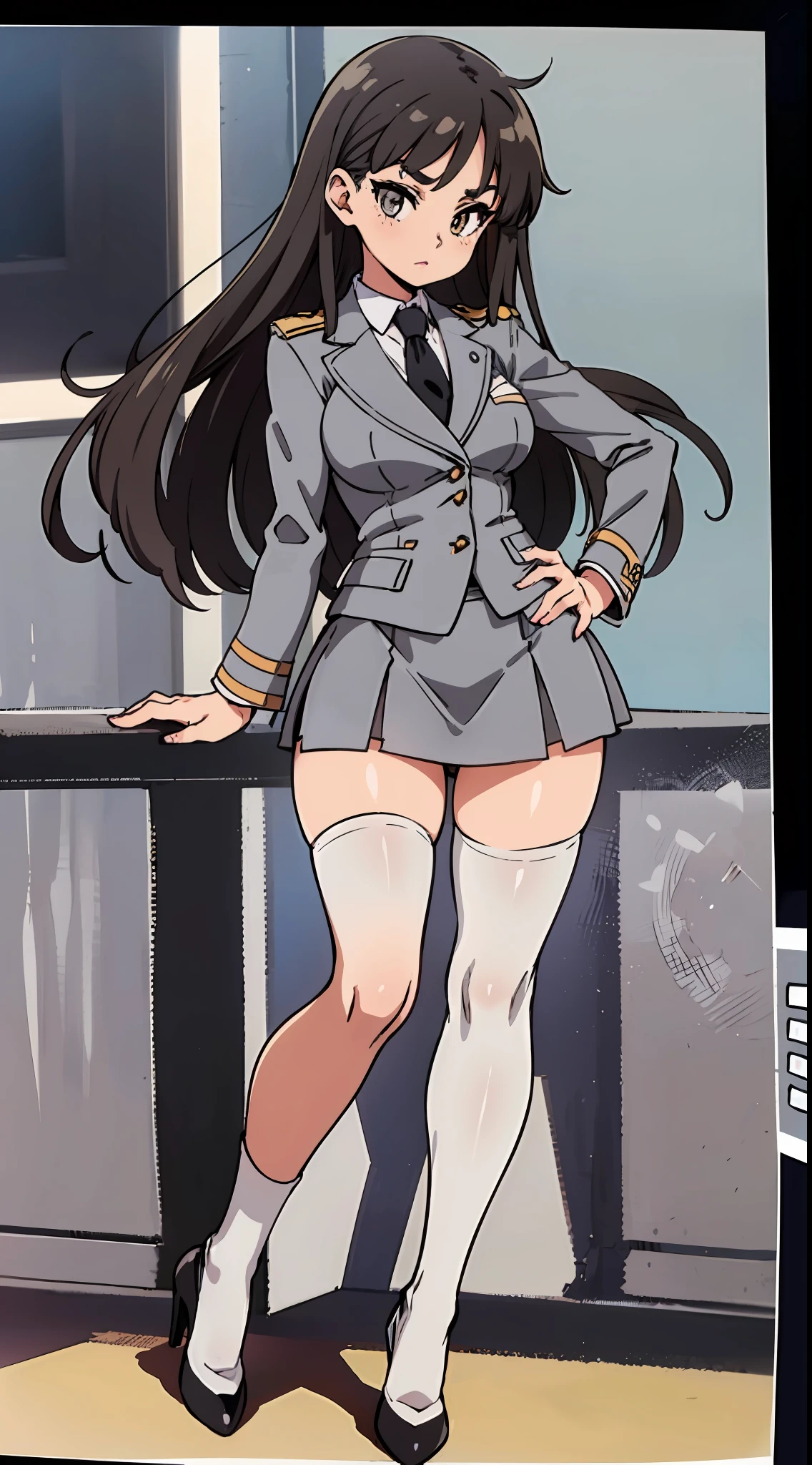 an anime style picture of the girl in the short skirt and white thigh high socks and high heels, 1girl, hazel eyes, brown curly hair, solo, ((gray blazer, gray skirt, matching skirt, white thigh high socks, black high heels, uniform)), highly detailed face, perfect feet, portrait, full body