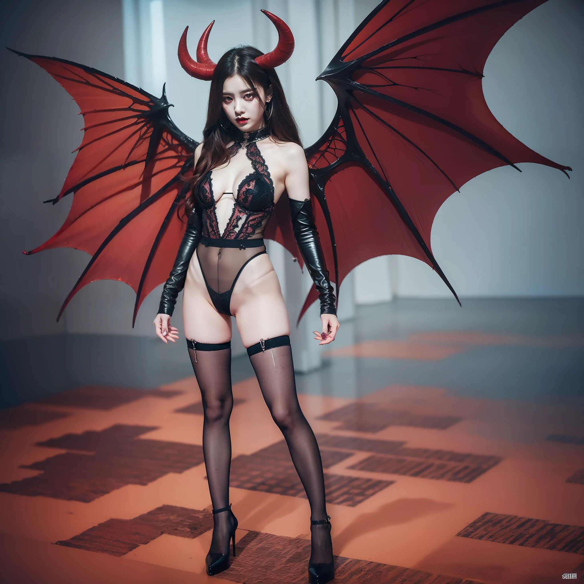 8K, RAW photo, high quality, realistic, full body photo, young woman with demon wings, beautiful devil