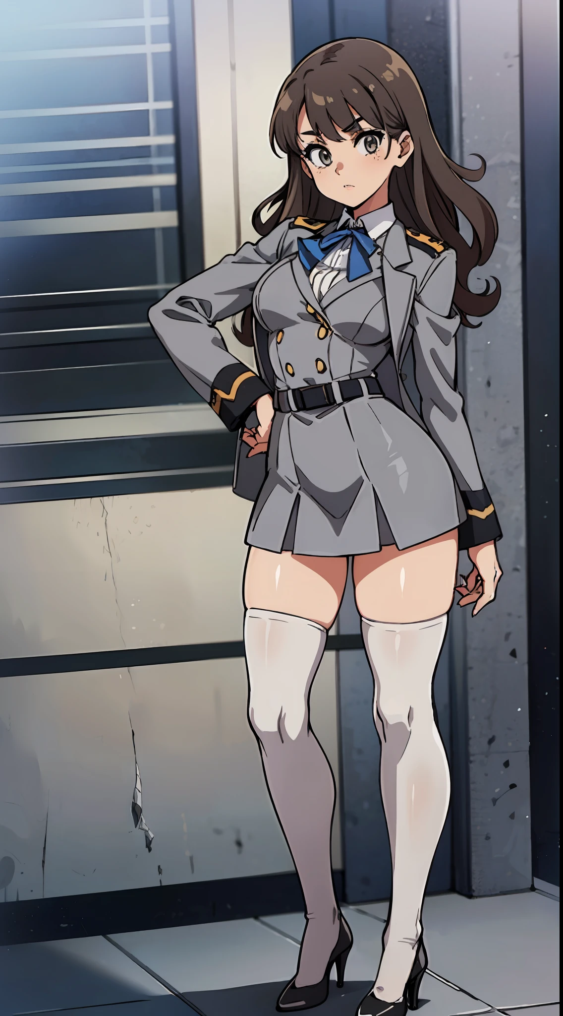 an anime style picture of the girl in the short skirt and white thigh high socks and high heels, 1girl, hazel eyes, brown curly hair, solo, ((gray blazer, gray skirt, matching skirt, white thigh high socks, black high heels, uniform)), highly detailed face, perfect feet, portrait, full body