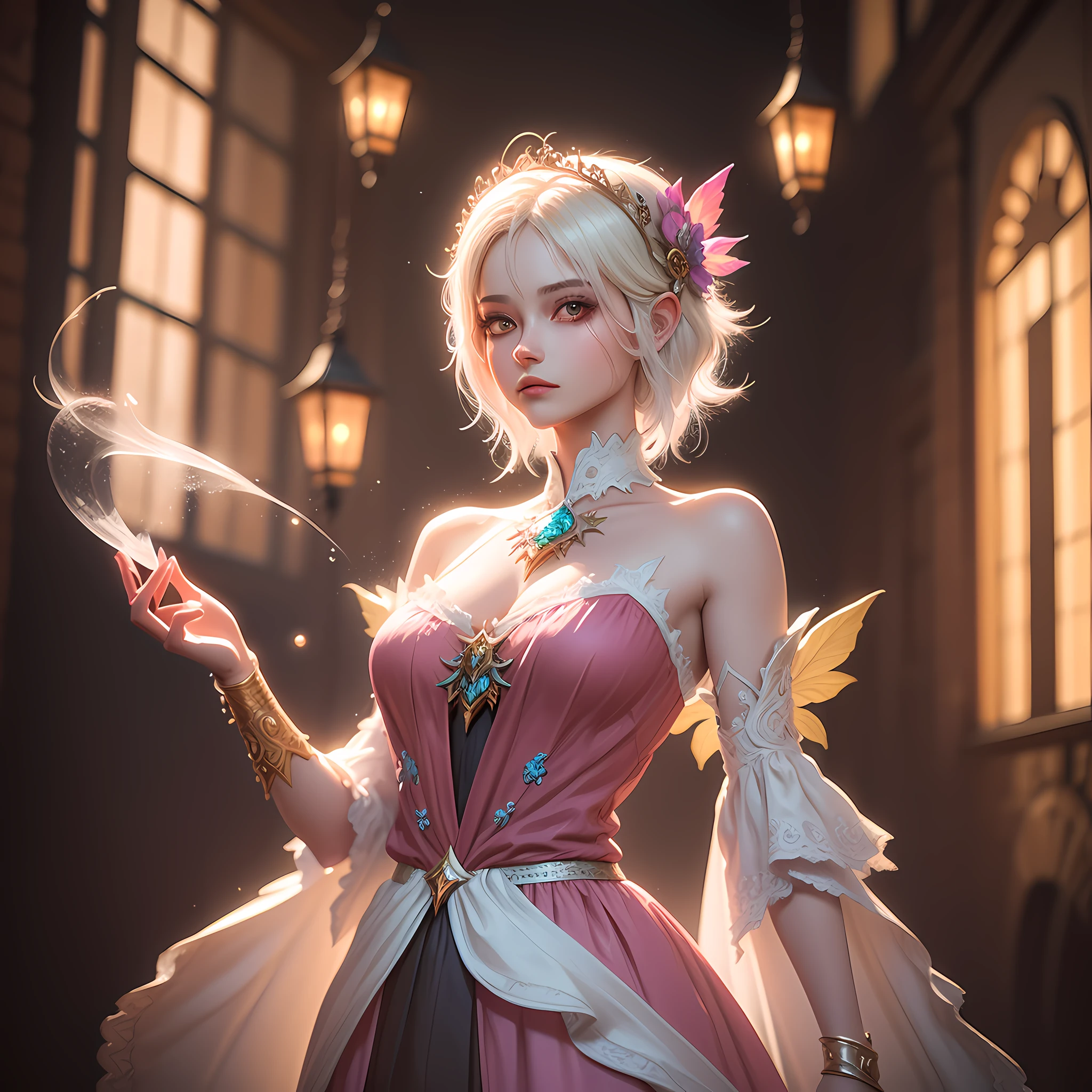 blond woman with white hair and glowing lights in a pink dress, beautiful digital artwork, fantasy gorgeous lighting, gorgeous digital art, stunning digital illustration, digital fantasy art ), 3 d render character art 8 k, a stunning young ethereal figure, 4k highly detailed digital art, ethereal fantasy, very beautiful digital art, beautiful digital art, fantasy digital art, digital fantasy art