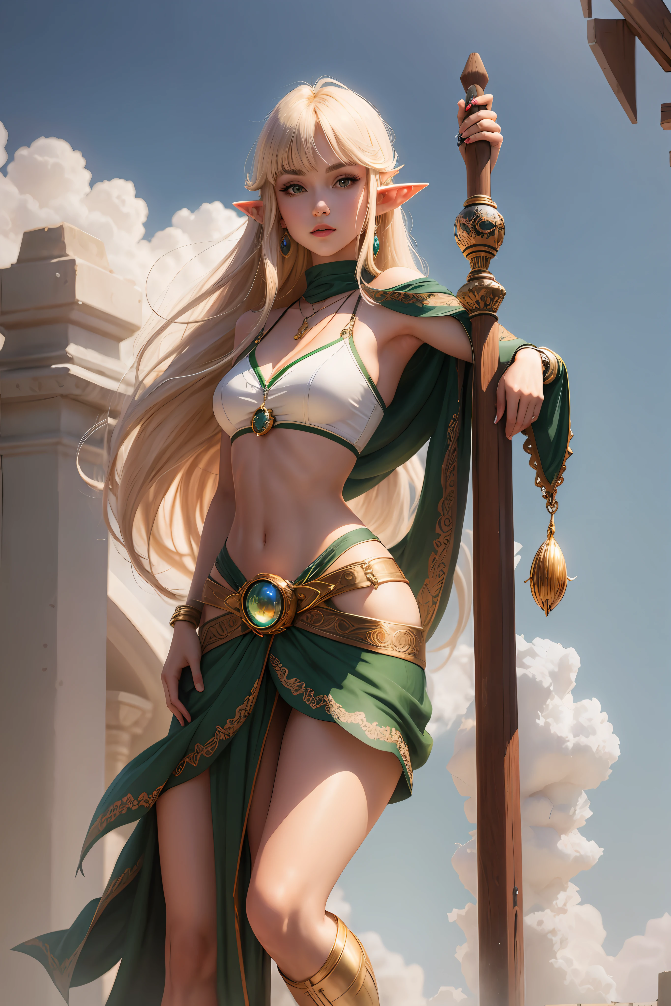 white sleeveless, cute, adult, small breasts, bob cut, elf, city, sci-fi