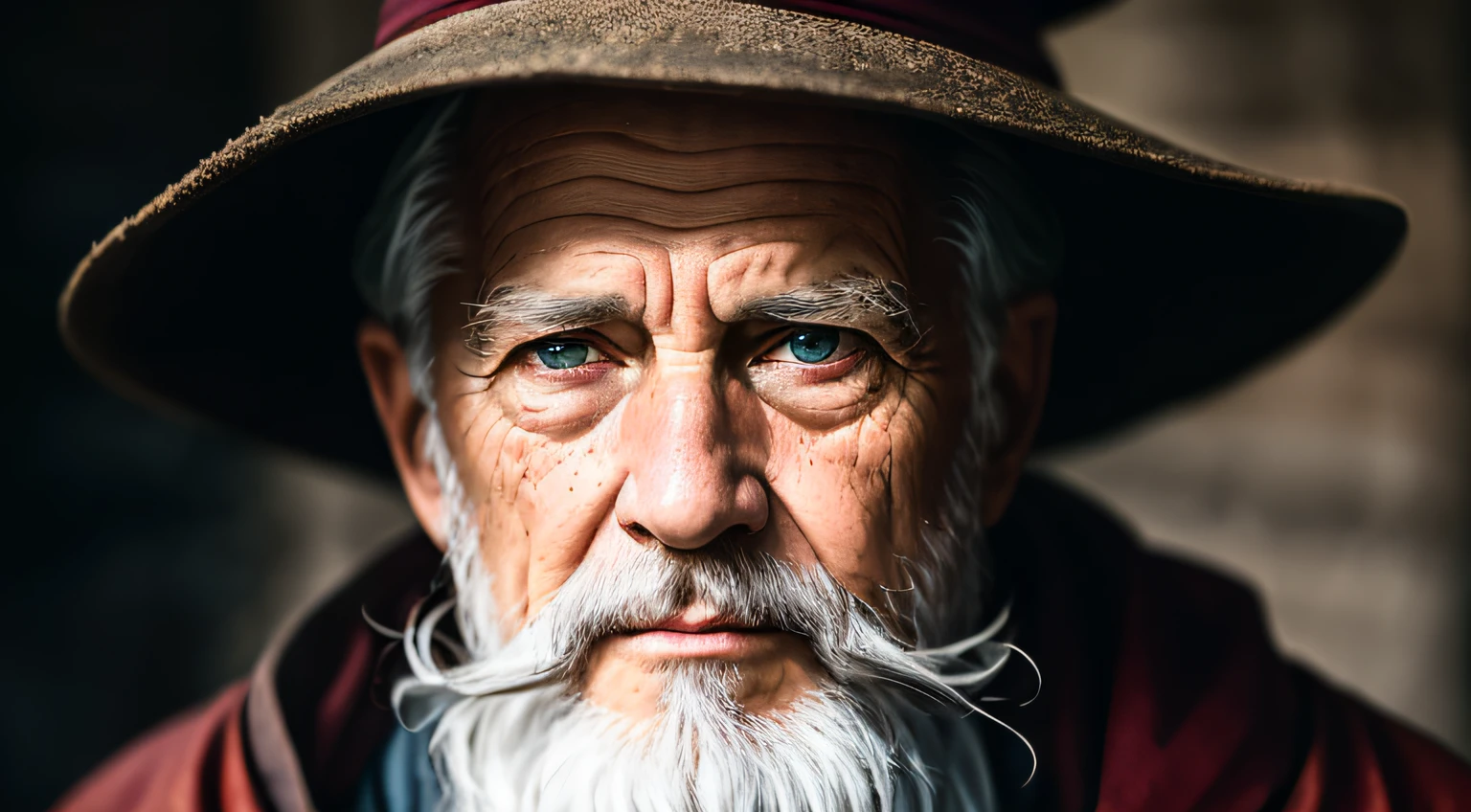 A portrait of a wizard, bearded, wrinkled, weathered, with piercing eyes, detailed face, high details, photography, dark studio, rim light, Nikon D850, 50mm, f/1.4