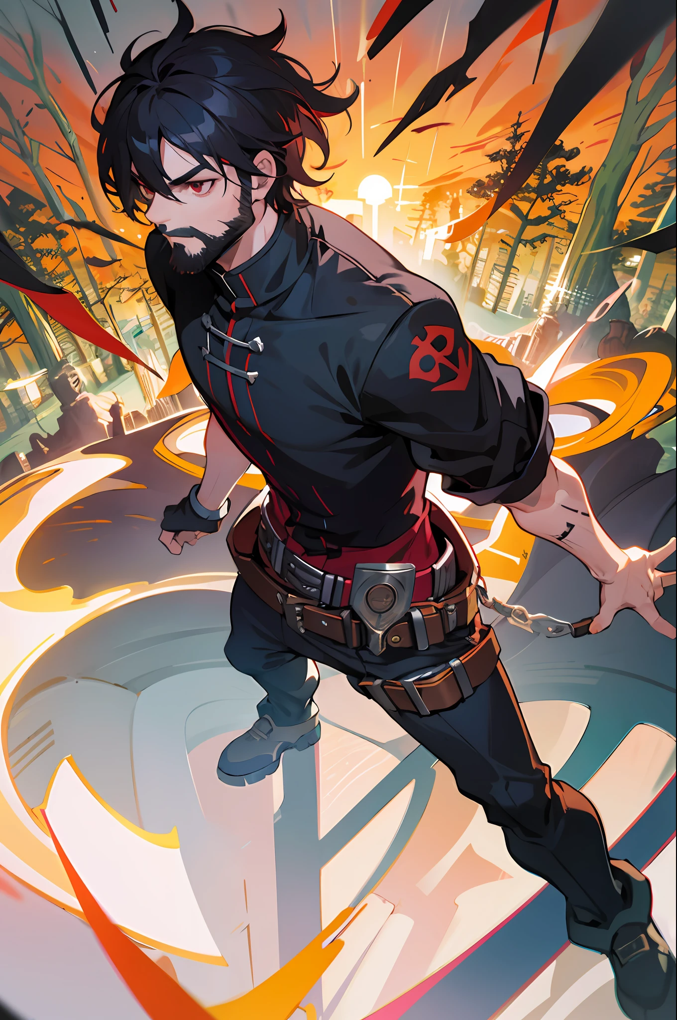 Demon, 1boy, solo, black hair, red eyes, belt, tattoo of "1" on the arm, from above, fight, posture, backlit, dramatic light, silhouette, background, serious, intense look, big beard, forest, pale skin, mostly medieval clothing