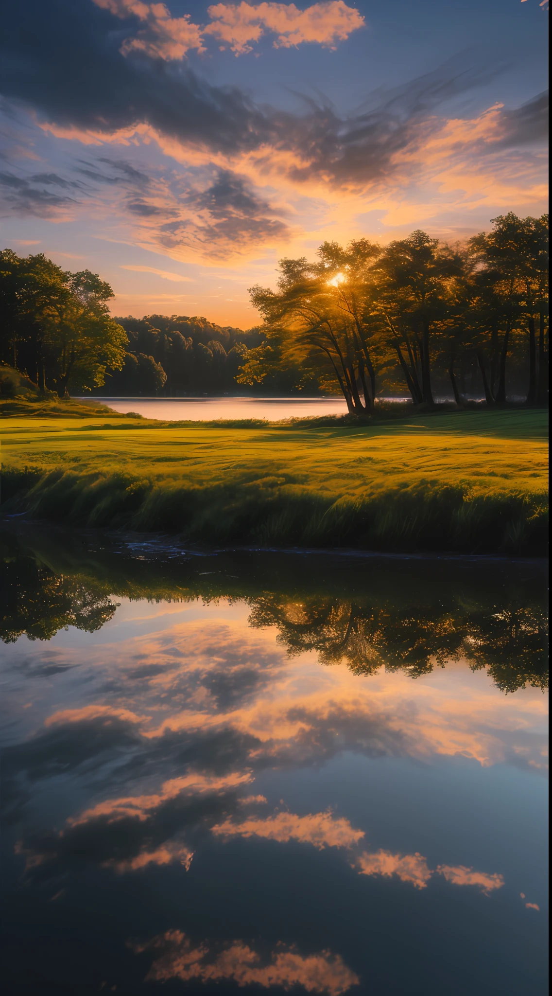 Wallpaper, summer, lake, dawn, forest, clouds, dawn background, depth of field, HD detail, hyperdetail, cinematic, soft light, deep field focus bokeh, ray tracing, diffuse (ultra-fine glass reflection) and realism. --v6