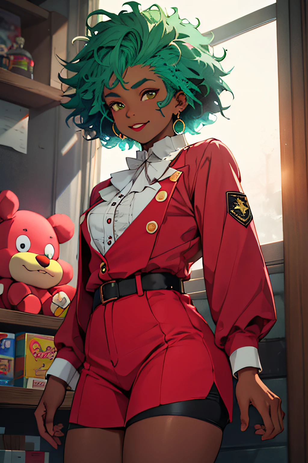 anime black girl in a clown outfit, y 2 k cutecore clowncore, clown girl, candy girl, cutecore clowncore, commission for high res, expressing joy. by krenz cushart, clown girl, skin afrocentric, extremely detailed artgerm, artgerm colorful!!! DARK SKIN WOMAN. CHOCOLATE SKIN, very dark skinned, dark skinned, clown, clown outfit, clown uniform, small breasts, clown girl, jumpsuit, frilly skirt, jester uniform, rosy cheeks, red lips, red cheeks, pink cheeks, afrocentric hair, afro hair, beautiful, detailed, detailed outfit, soft, soft lighting, gentle lighting, thick eyebrows, green hair, afro hair, dark skinned girl, plushies, cute plushies