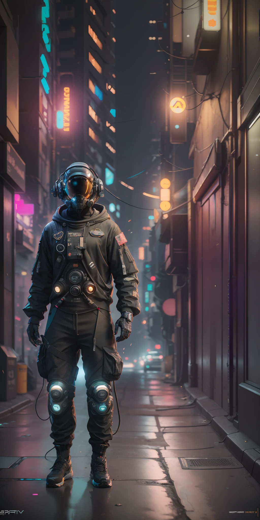 (masterpiece, full body shot, intricate raw photography) Cyberpunk citizen, comfortable oversize black hoodie, black cargo pants, black clothes, dark, wearing a black helmet hitech style Astronaut, intricate, futuristic, advanced technology, dark environment, dramatic, light and shadow, cinematic, action movie, sharpness, random relaxed position, Cyberpunk City, street lights, dark street, night, Insta photo, photo of the year, octane render, substance, Maya 3D, cinema4D, ArtStation Trending, Devian Art Trend,