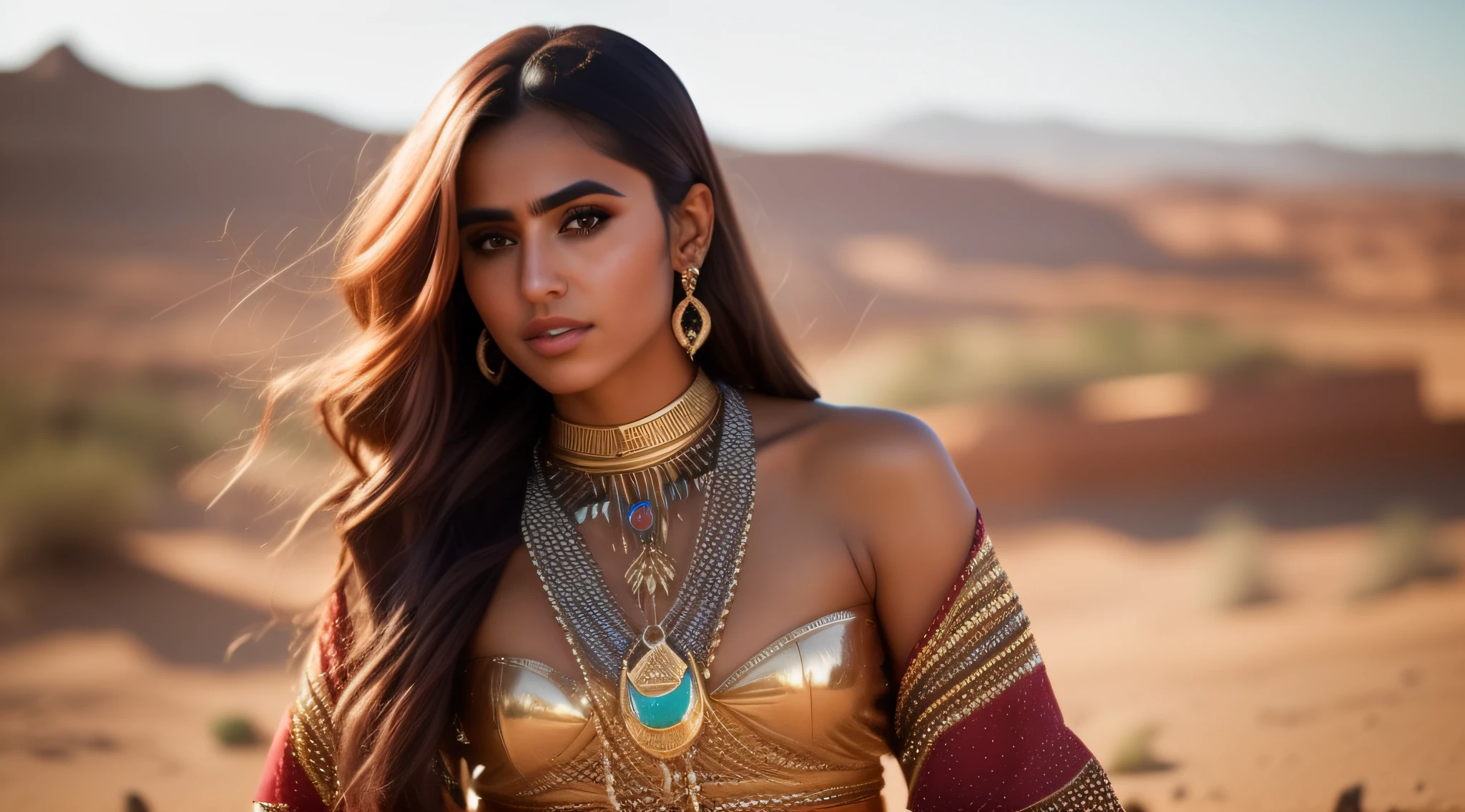 fking_scifi, fking_scifi_v2, portrait of a young, seductive, extremely beautiful and attractive Arabic woman, in front of a city in the desert, long messy hair, rich colorful clothes and golden jewelry, close up, regal pose and attitude. fking_cinema_v2.
