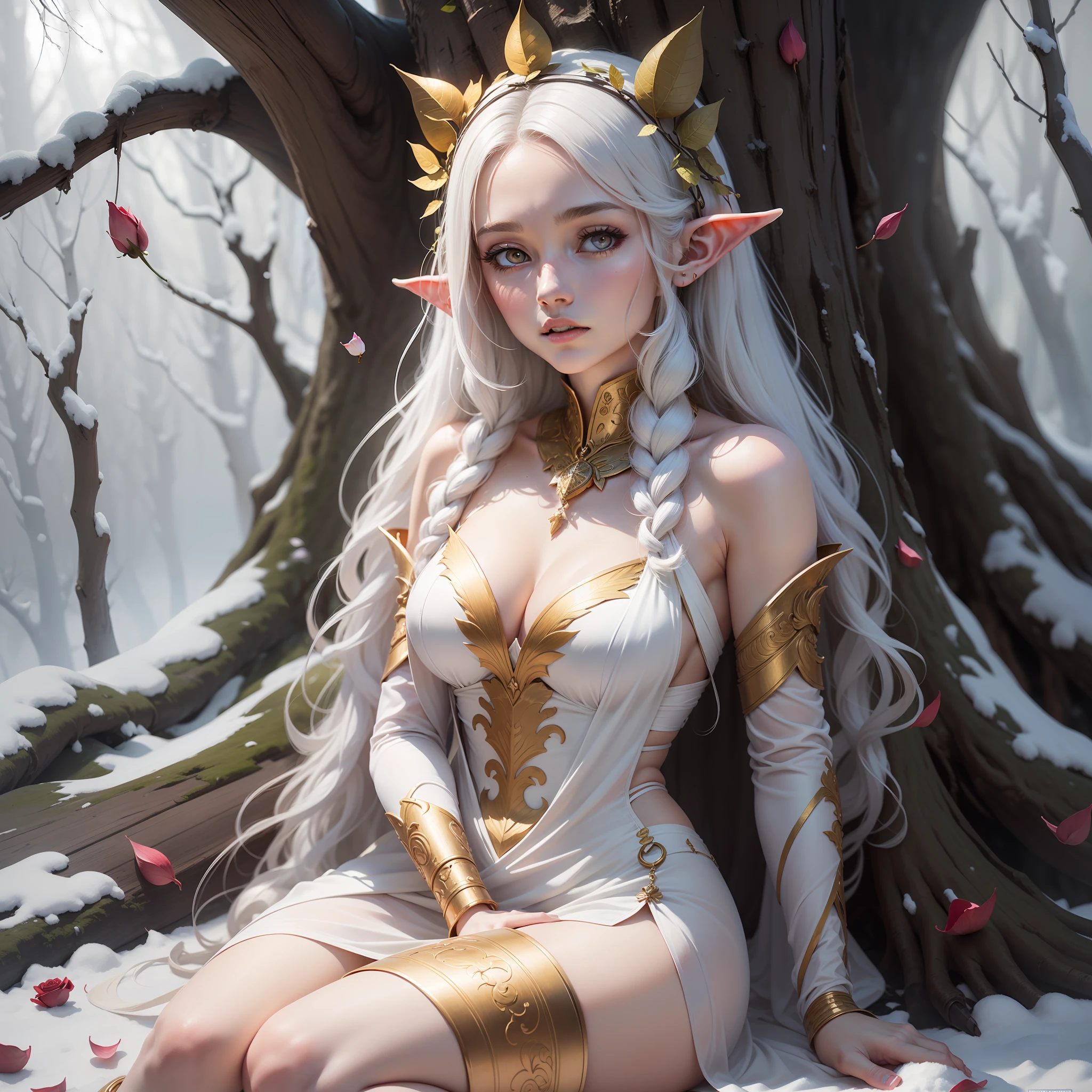 A Divinity, The purest form of Beauty, A Holiness. A gentle Goddess, White Eyes, long snow-white hair, soft lips, white dress with rose petals, 1girl, Elf Ears, Adult Face, Mature Face. Sitting below a tree with golden leaves
