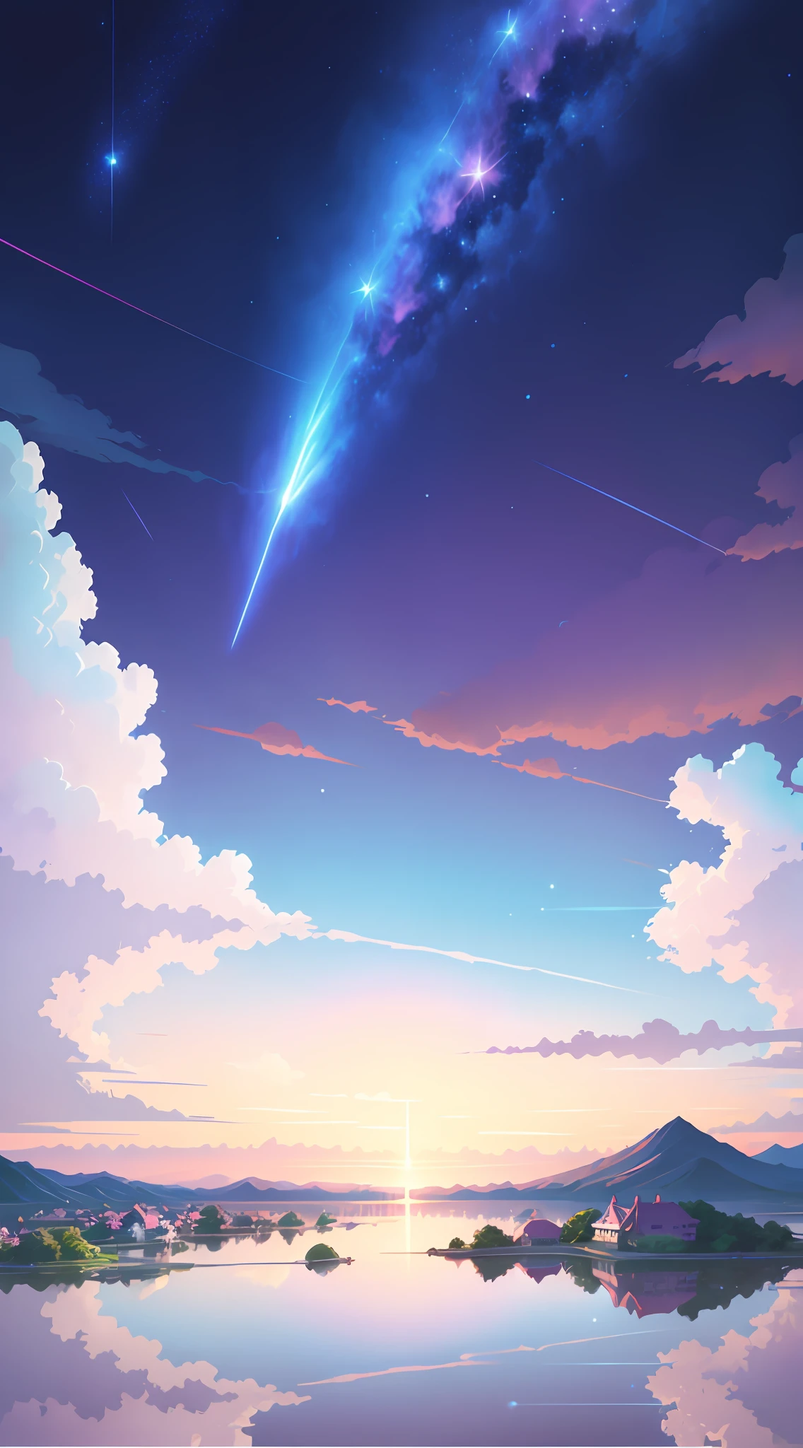 Shooting a painting of shooting stars over the lake, there are two shooting stars, pink and blue shooting stars. The blue sky, the pink-purple lake surface, has a layered color transition. You name it movie style, anime backgrounds, anime movie backgrounds, perfect reflection effects, anime sky, amazing wallpapers, vibrant colors, vibrant colors, bright colors. You name it, colorful anime movie backgrounds, anime clouds, no houses, no buildings, no humans. There are no ships. Beautiful anime scenes, anime background art, cosmic sky. Author: Makoto Shinkai, ufotable art style, anime beautiful peaceful scenes, atmospheric anime