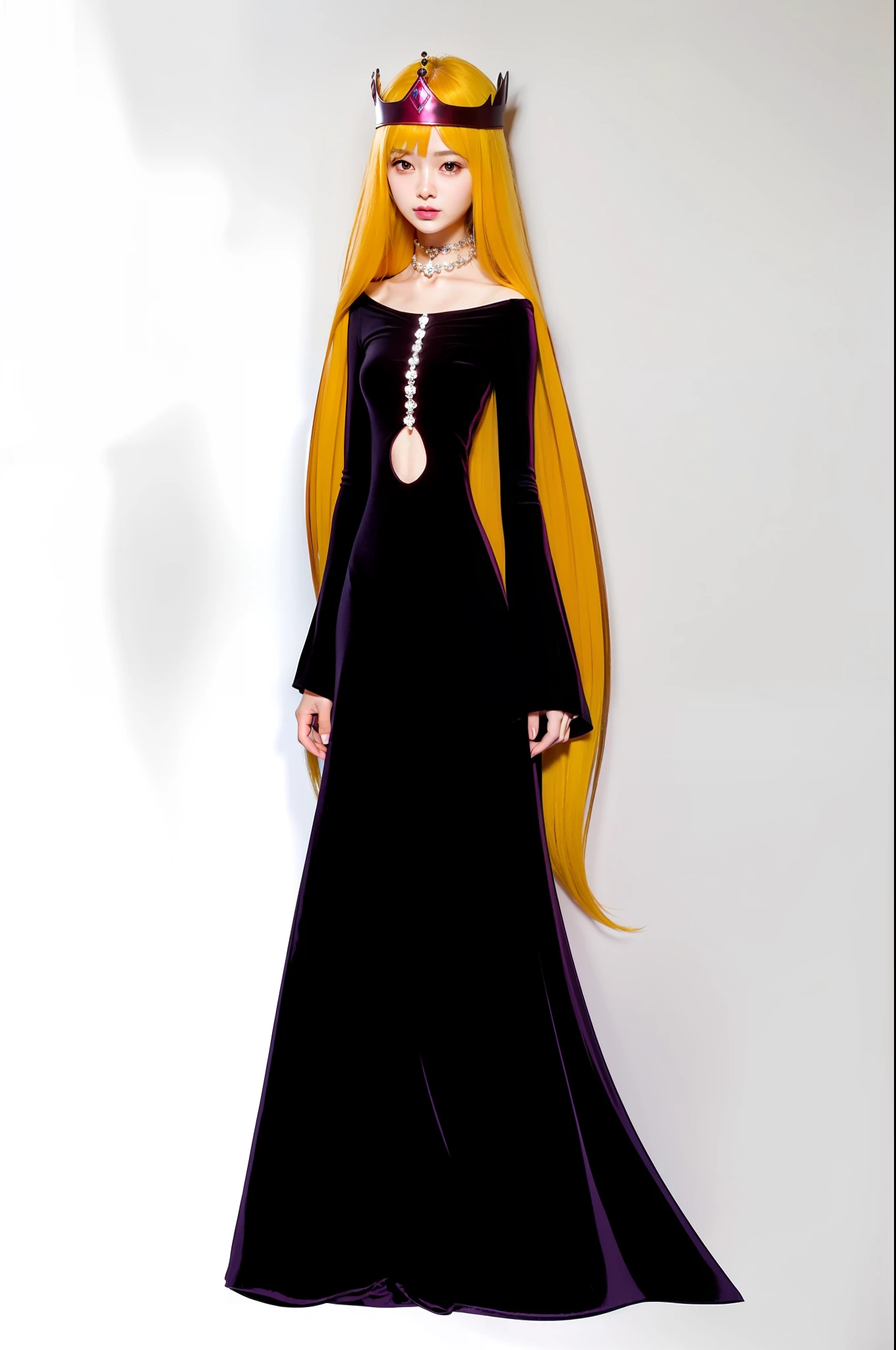 (8k, highest quality, masterpiece: 1.2), (realistic, photorealistic: 1.37), ultra detail, highest quality, ultra high resolution, photon mapping, physically based rendering, beauty, thin jaw, beauty, beauty woman, unparalleled beauty, white woman, fair skin, blonde long hair, black long dress, navel, small breasts, red crown in front of the head, thin and beautiful eyes, elongated eyebrows, sad expression, 1000 year queen, Yayoi, 30 year old thin woman, sexy, exposed from chest to belly, very many lashes, big necklace, mysterious beauty