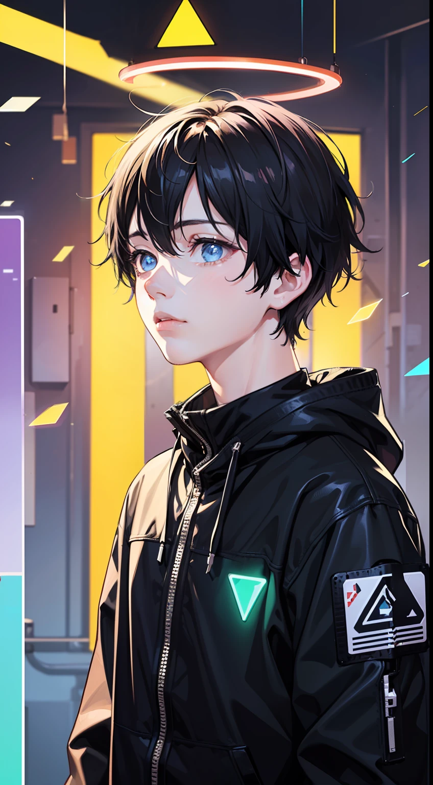 ((1boy)), (very short hair), bust chart, beautiful detailed eyes, (glitch background),(broken glass), (digital data flow pixel halo:1.1), (fluorescent graffiti :1.1),(neon light:1.1), (glowstick:1.1), (floating triangle fragments:1.1), blacklight,