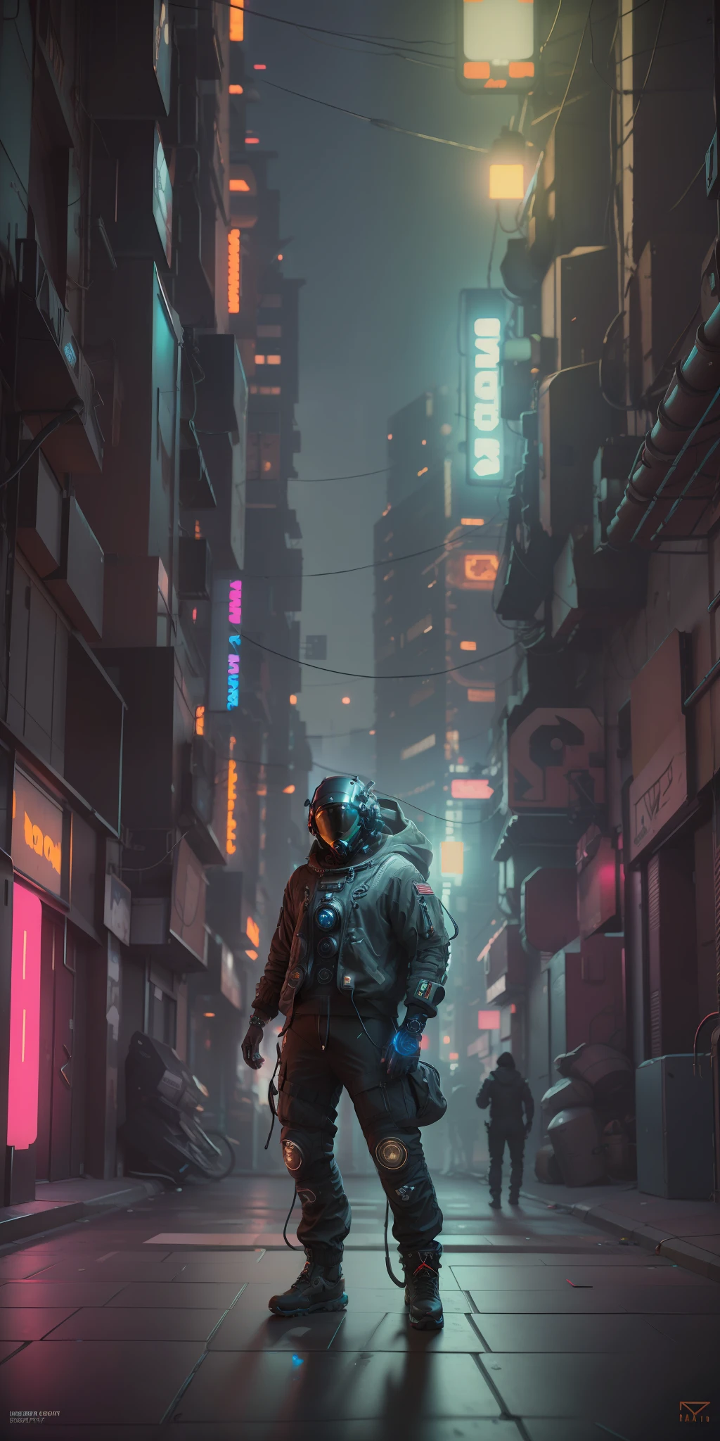 (masterpiece, full body shot, intricate raw photography) Cyberpunk citizen, comfortable oversize black hoodie, black cargo pants, black clothes, dark, wearing a black helmet hitech style Astronaut, intricate, futuristic, advanced technology, dark environment, dramatic, light and shadow, cinematic, action movie, sharpness, random relaxed position, Cyberpunk City, street lights, dark street, night, Insta photo, photo of the year, octane render, substance, Maya 3D,  cinema4D, ArtStation Trending, Devian Art Trend,