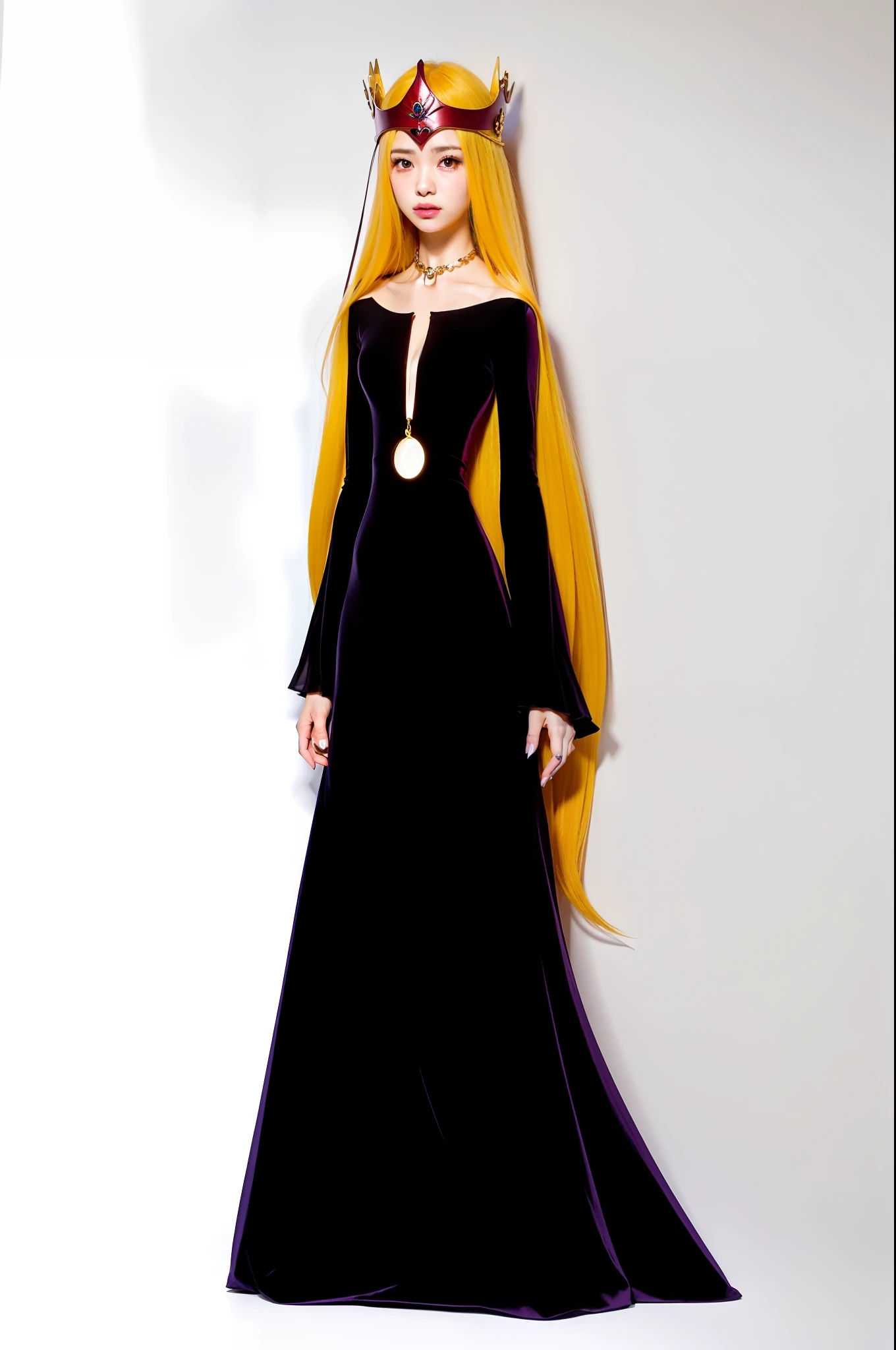 (8k, highest quality, masterpiece: 1.2), (realistic, photorealistic: 1.37), ultra detail, highest quality, ultra high resolution, photon mapping, physically based rendering, beauty, thin jaw, beauty, beauty woman, unparalleled beauty, white woman, fair skin, blonde long hair, black long dress, navel, small breasts, red crown in front of the head, thin and beautiful eyes, elongated eyebrows, sad expression, 1000 year queen, Yayoi, 30 year old thin woman, sexy, exposed from chest to belly, very many lashes, big necklace, mysterious beauty