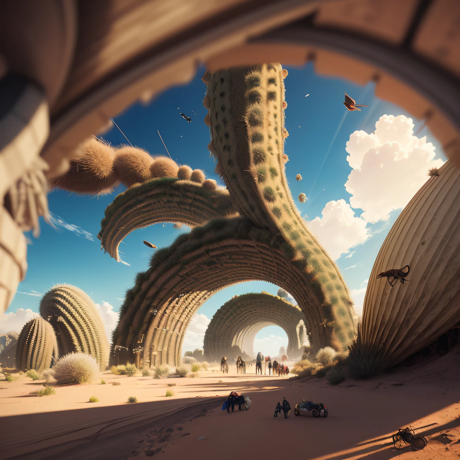 there are people walking through a desert area with a cactus, beeple and jean giraud, inspired by Mike Winkelmann, surreal concept art, by Mike Winkelmann, surreal sci fi set design, 3 d render beeple, wide angle fantasy art, surreal 3 d render, highly detailed surreal vfx, in the art style of filip hodas