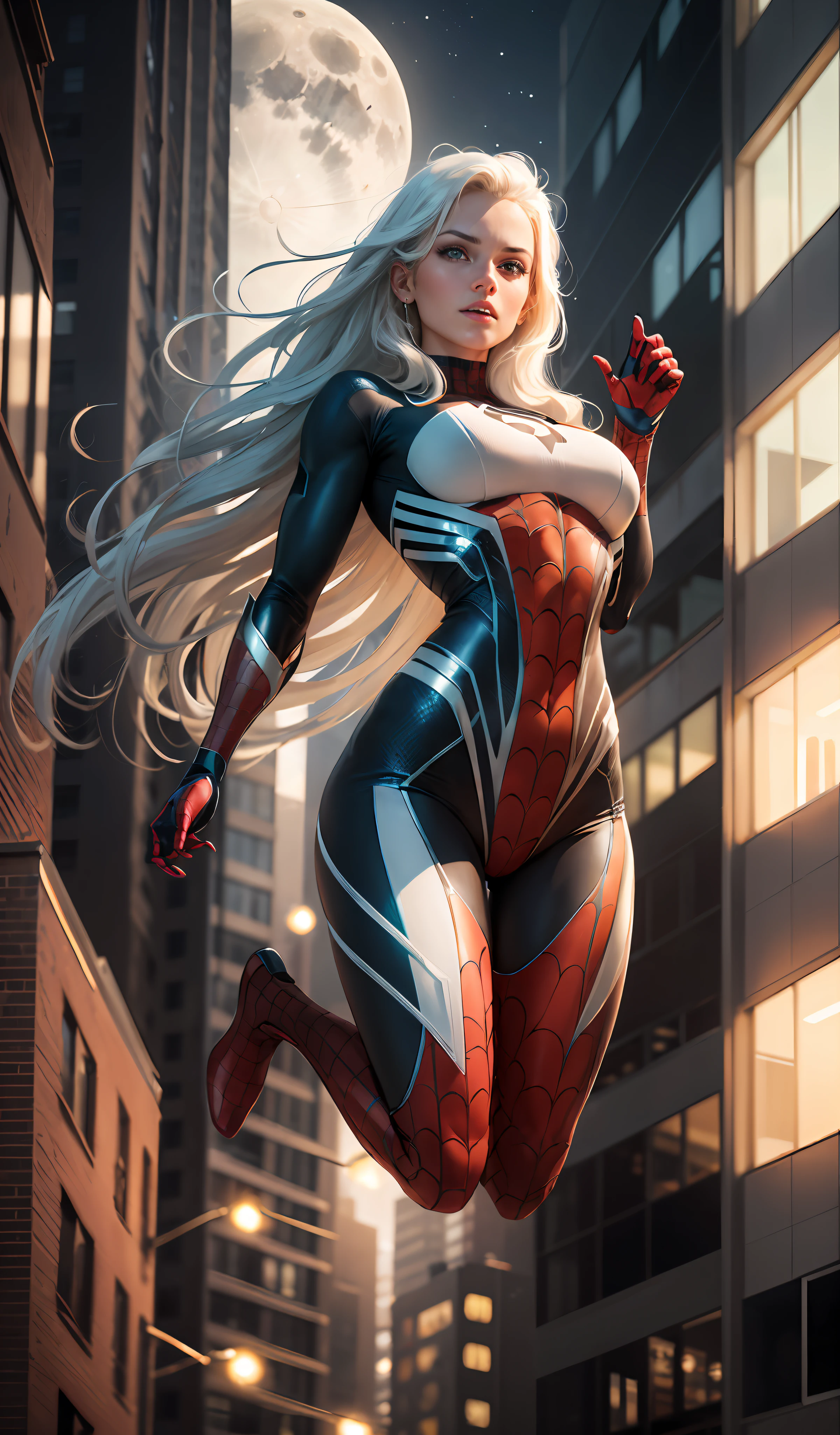 (Masterpiece, 4k resolution, ultra-realistic, very detailed), (White superhero theme, charismatic, there's a girl on top of town, wearing Spider-Man costume, she's a superhero), [ ((25 years), (long white hair:1.2), full body, (blue eyes:1.2), ((Spider-Man pose),show of strength, jumping from one building to another), ((sandy urban environment):0.8)| (cityscape, at night, dynamic lights), (full moon))] # Explanation: The Prompt mainly describes a 4K painting of ultra-high definition, very realistic, very detailed. It shows a superheroine at the top of the city, wearing a Spider-Man costume. The theme in the painting is a white superhero theme, the female protagonist has long white hair, is 25 years old and her entire body is shown in the painting. In terms of portraying the actions of superheroines, spiders are employed