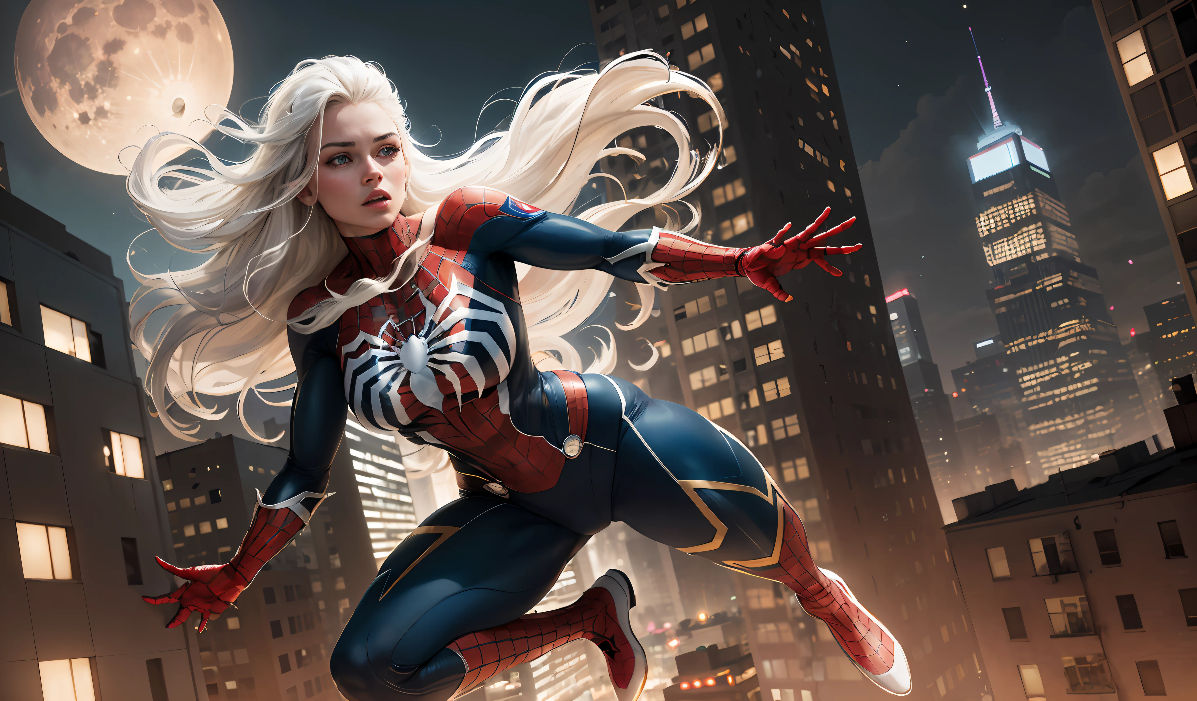 (Masterpiece, 4k resolution, ultra-realistic, very detailed), (White superhero theme, charismatic, there's a girl on top of town, wearing Spider-Man costume, she's a superhero), [ ((25 years), (long white hair:1.2), full body, (blue eyes:1.2), ((Spider-Man pose),show of strength, jumping from one building to another), ((sandy urban environment):0.8)| (cityscape, at night, dynamic lights), (full moon))] # Explanation: The Prompt mainly describes a 4K painting of ultra-high definition, very realistic, very detailed. It shows a superheroine at the top of the city, wearing a Spider-Man costume. The theme in the painting is a white superhero theme, the female protagonist has long white hair, is 25 years old and her entire body is shown in the painting. In terms of portraying the actions of superheroines, spiders are employed