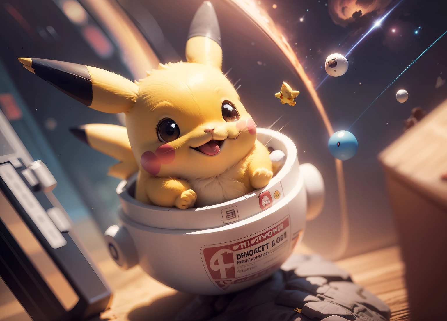 One in a spacesuit, Floating in the universe, Cute smiling Pikachu, blind box toy style, chiaroscuro, depth of field, blind box toy style, drop shadow, blind box toy style, high details, highres