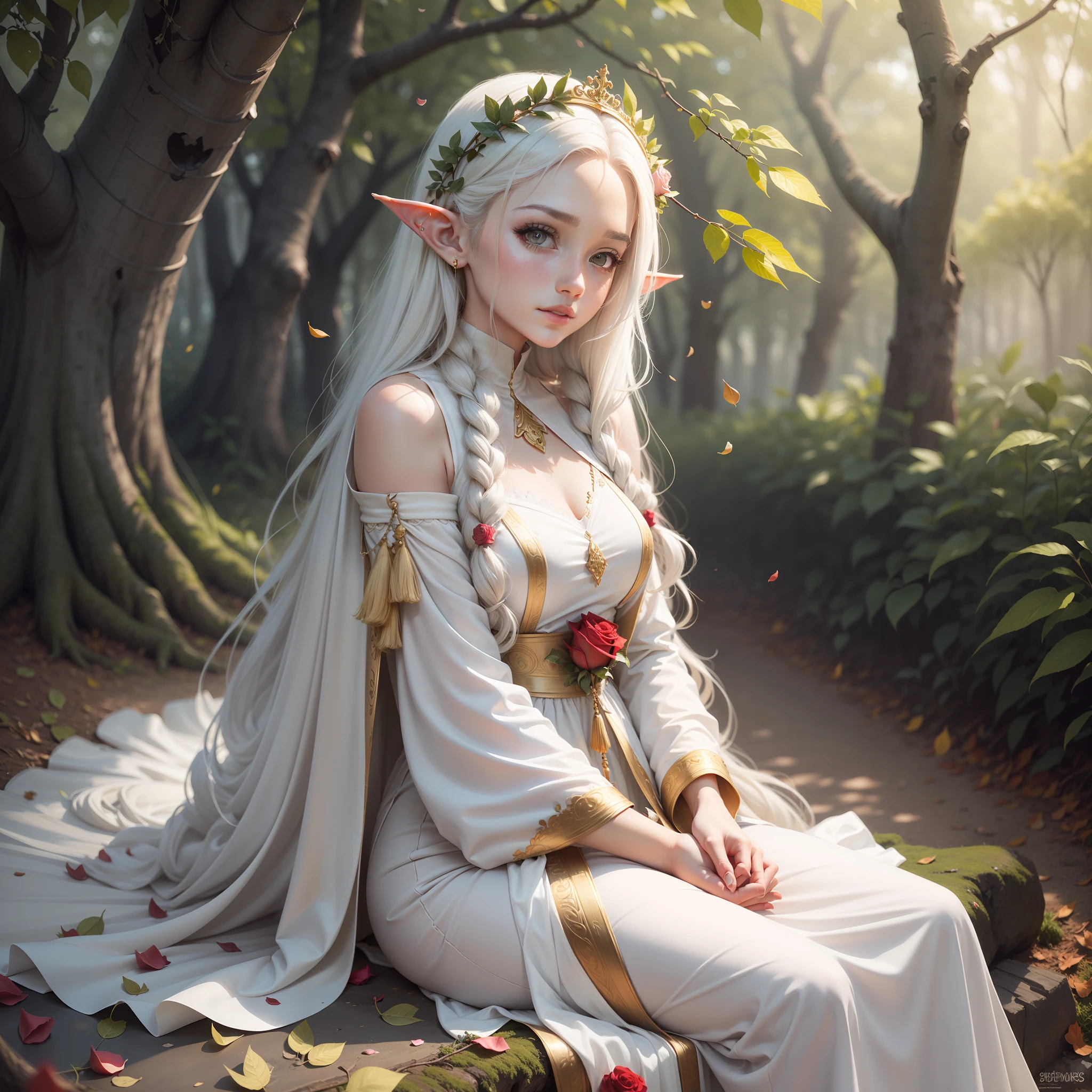 A Divinity, The purest form of Beauty, A Holiness. A gentle Goddess, White Eyes, long white hair, soft lips, white dress with rose petals, 1girl, Elf Ears, Adult Face, Mature Face. Sitting below a tree with golden leaves, 5 fingers