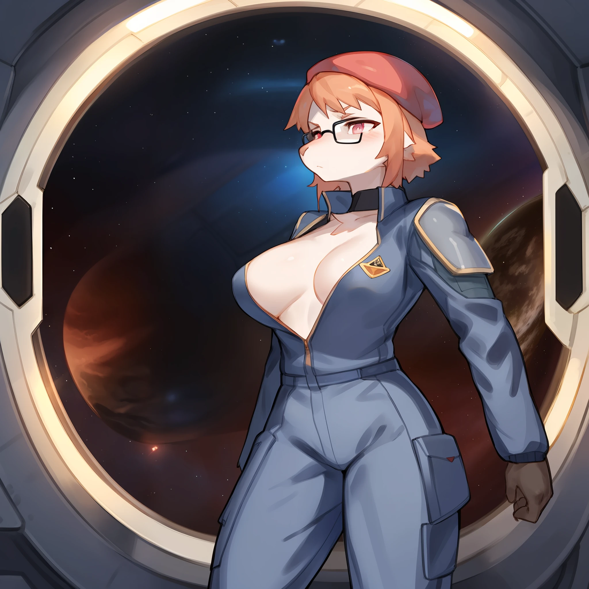 Solo, female, white fur, peach stripes, striped fur pattern, light orange hair, medium hair, pink eyes, detailed eyes, detailed hands, snout, mature, medium breasts, thick-rimmed glasses, standing, by buta99, by bebebebebe, (((grey military uniform))), red jumpsuit underneath, sci-fi body armor, (((red beret))), frowning, spaceship, space, window