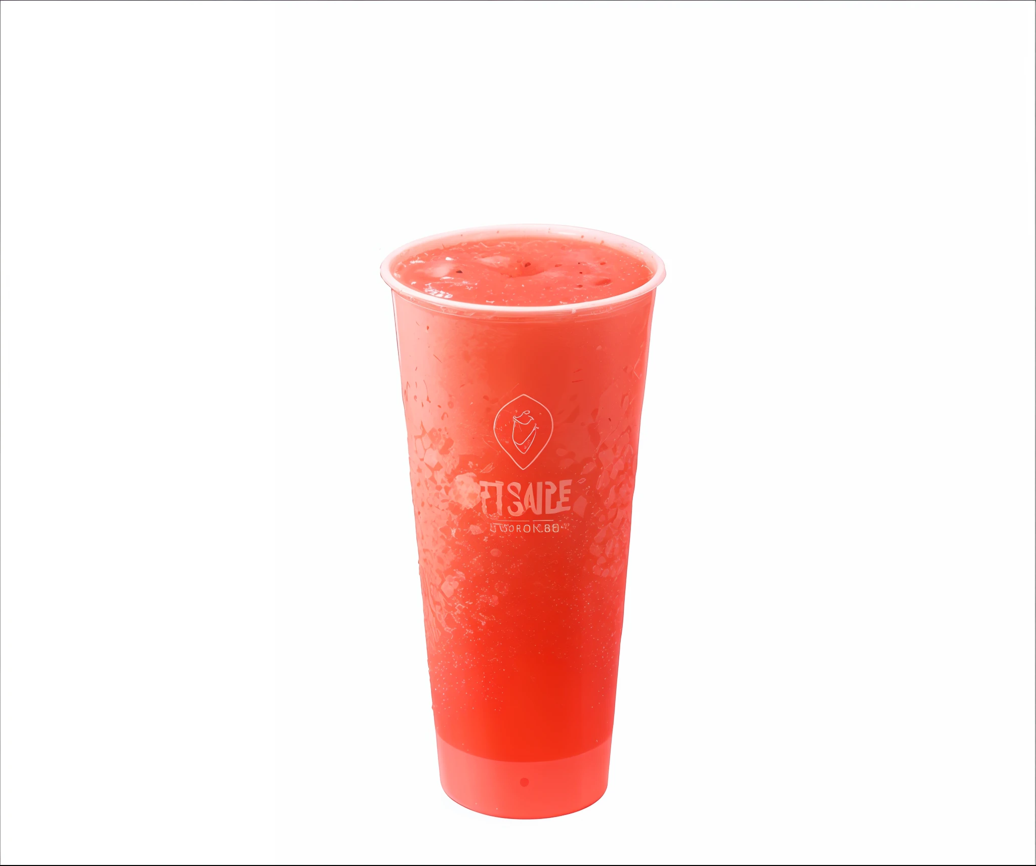 Inside there is a clear plastic cup without lid, watermelon smoothie, slush, modeling, watermelon slush, grainy, bottom white crystal ball, texture, bubbles, water droplets, official product pictures, product photos, products, product - view, PET material, transparent, white background