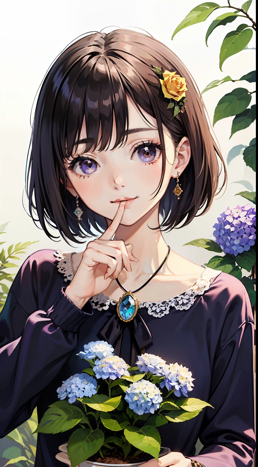 art by Cornflower, dreamy, (1girl, bangs, purple_flower, orange_ribbon, yellow_rose, brooch, closed_mouth, flower, gem, hydrangea, jewelry, leaf, short_hair, looking_at_viewer, plant, dawn, smile, solo, upper_body), small soft smooth hands, thin and long fingers