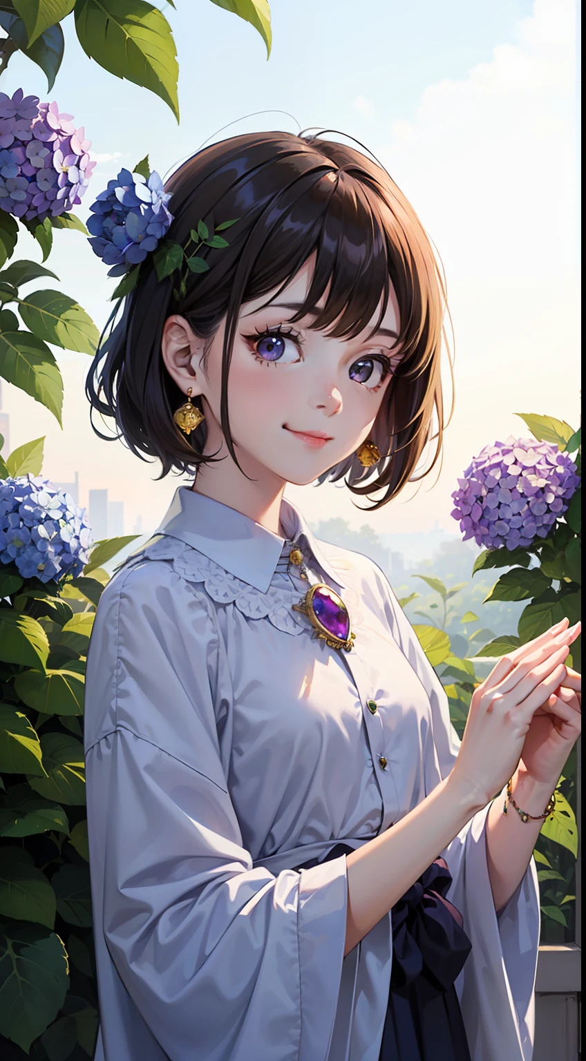 art by Cornflower, dreamy, (1girl, bangs, purple_flower, orange_ribbon, yellow_rose, brooch, closed_mouth, flower, gem, hydrangea, jewelry, leaf, short_hair, looking_at_viewer, plant, dawn, smile, solo, upper_body), small soft smooth hands, thin and long fingers
