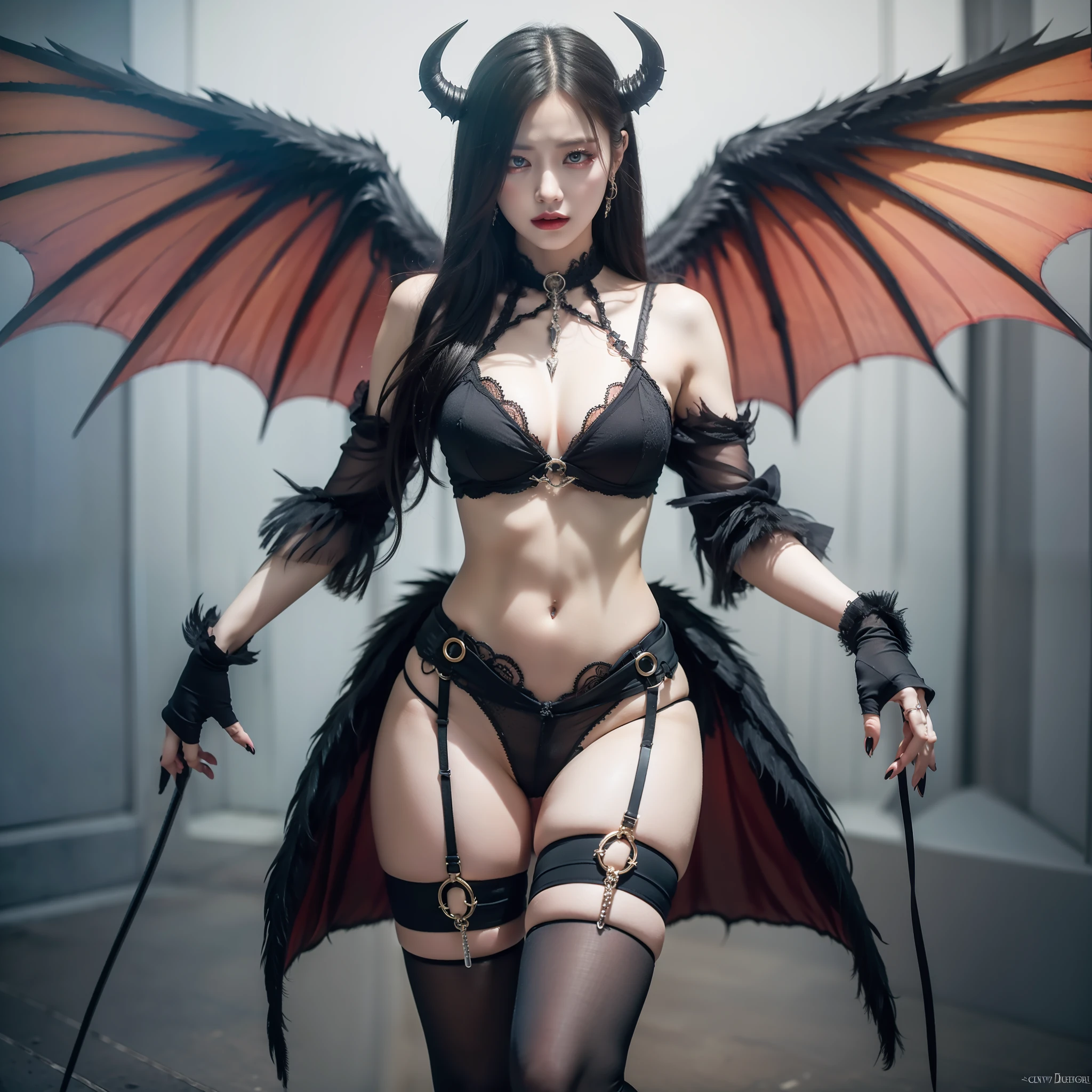 8K, RAW photo, high quality, realistic, full body photo, young woman with demon wings