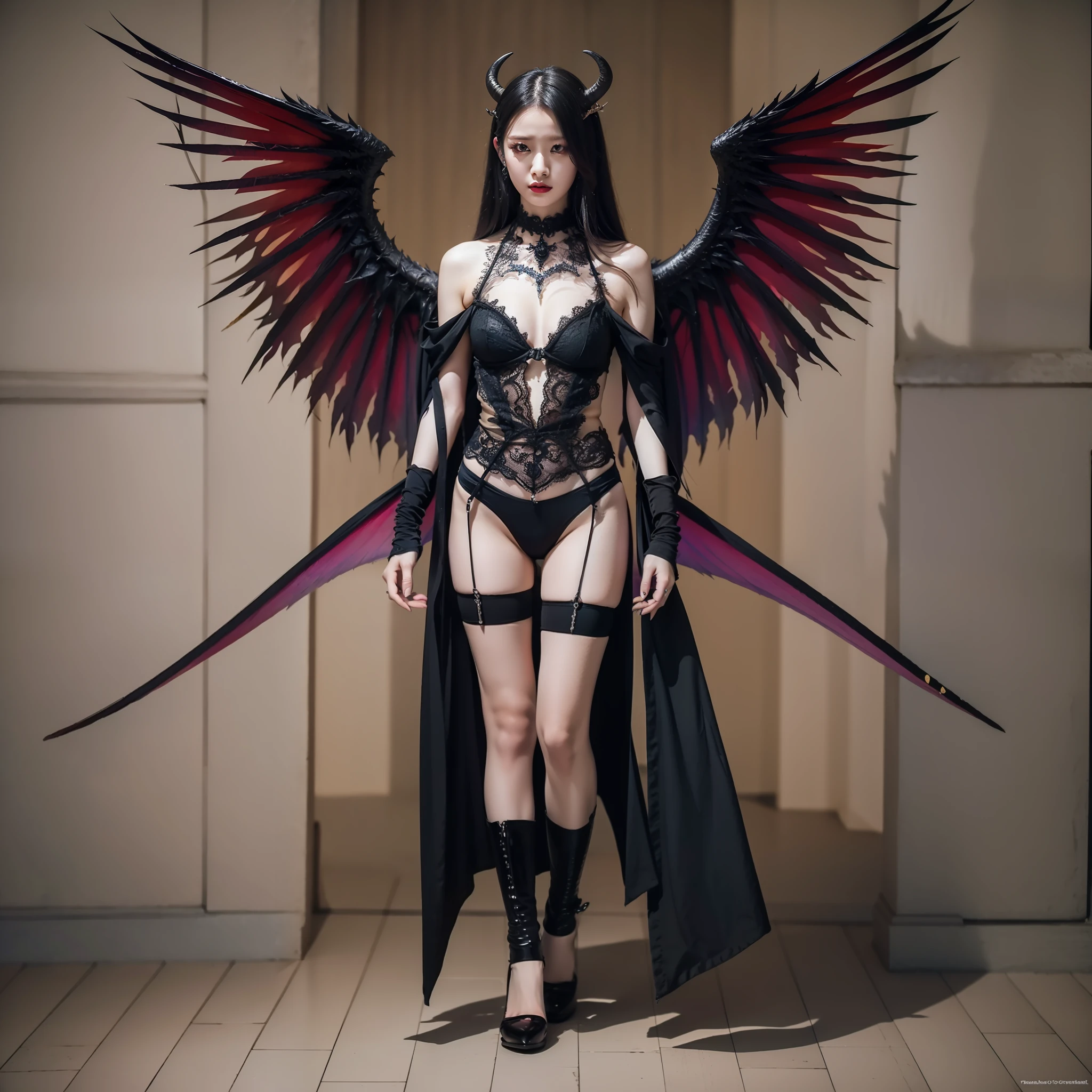 8K, RAW photo, high quality, realistic, full body photo, young woman with demon wings